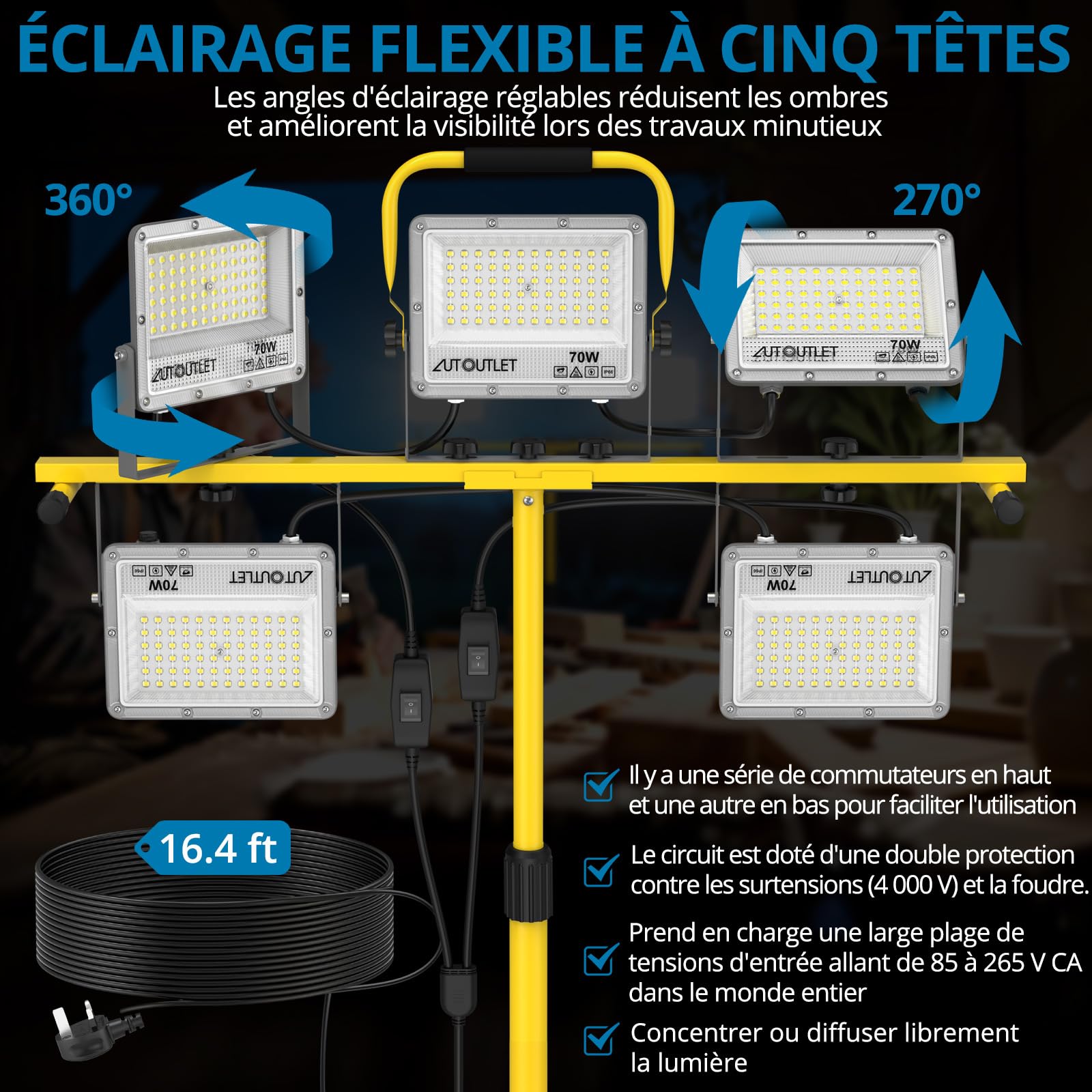 AUTOUTLET Projecteur de chantier LED avec trépied et roulettes, 5 x 70 W, 28 500 lm, éclairage de travail, lumière blanche froide 6 500 K, trépied réglable en hauteur, câble de 5 m, étanche IP66