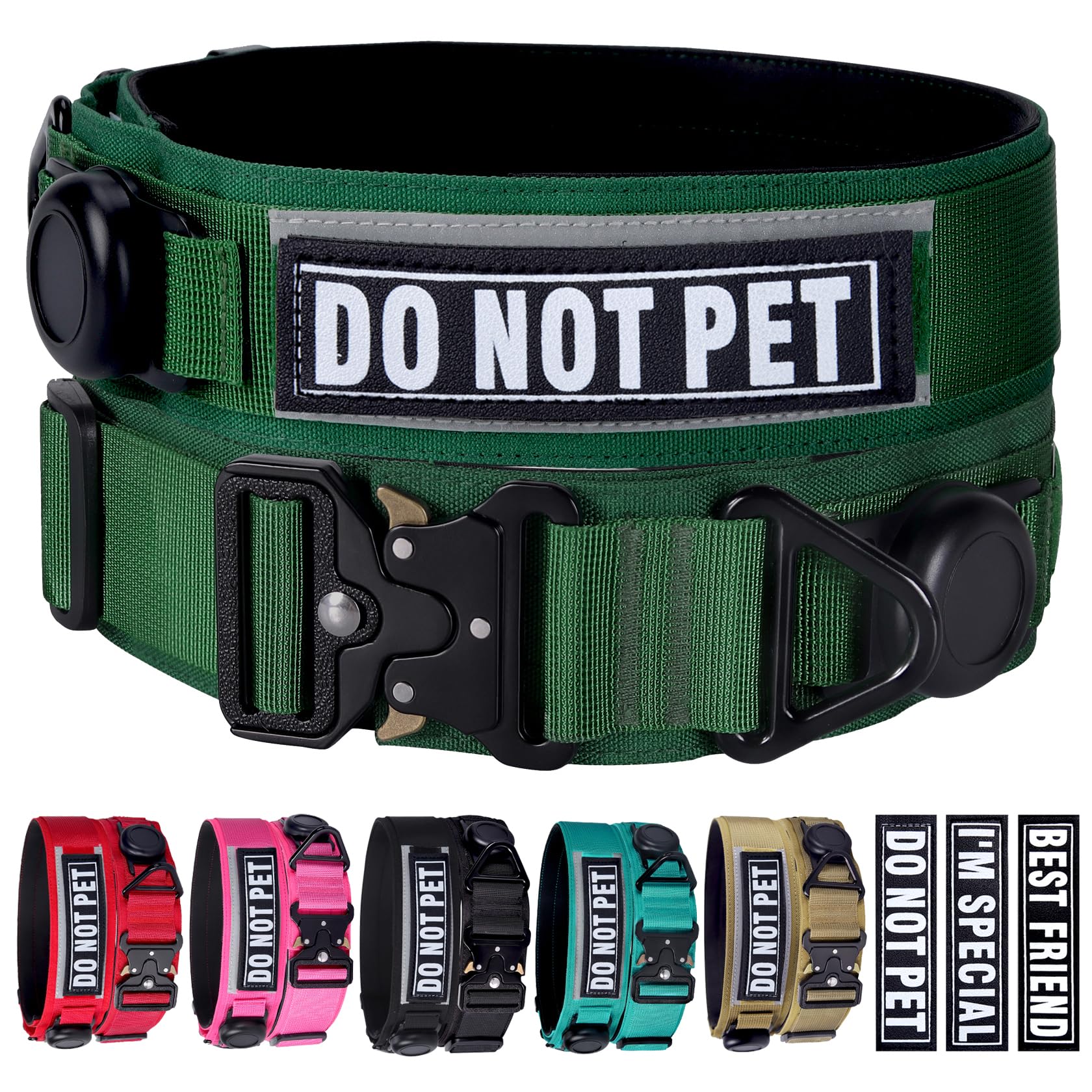 AirTag Collier militaire tactique pour chien de grande taille avec support AirTag et 3 patchs pour animaux de compagnie, doux, rembourré, réfléchissant et imperméable avec boucle en métal