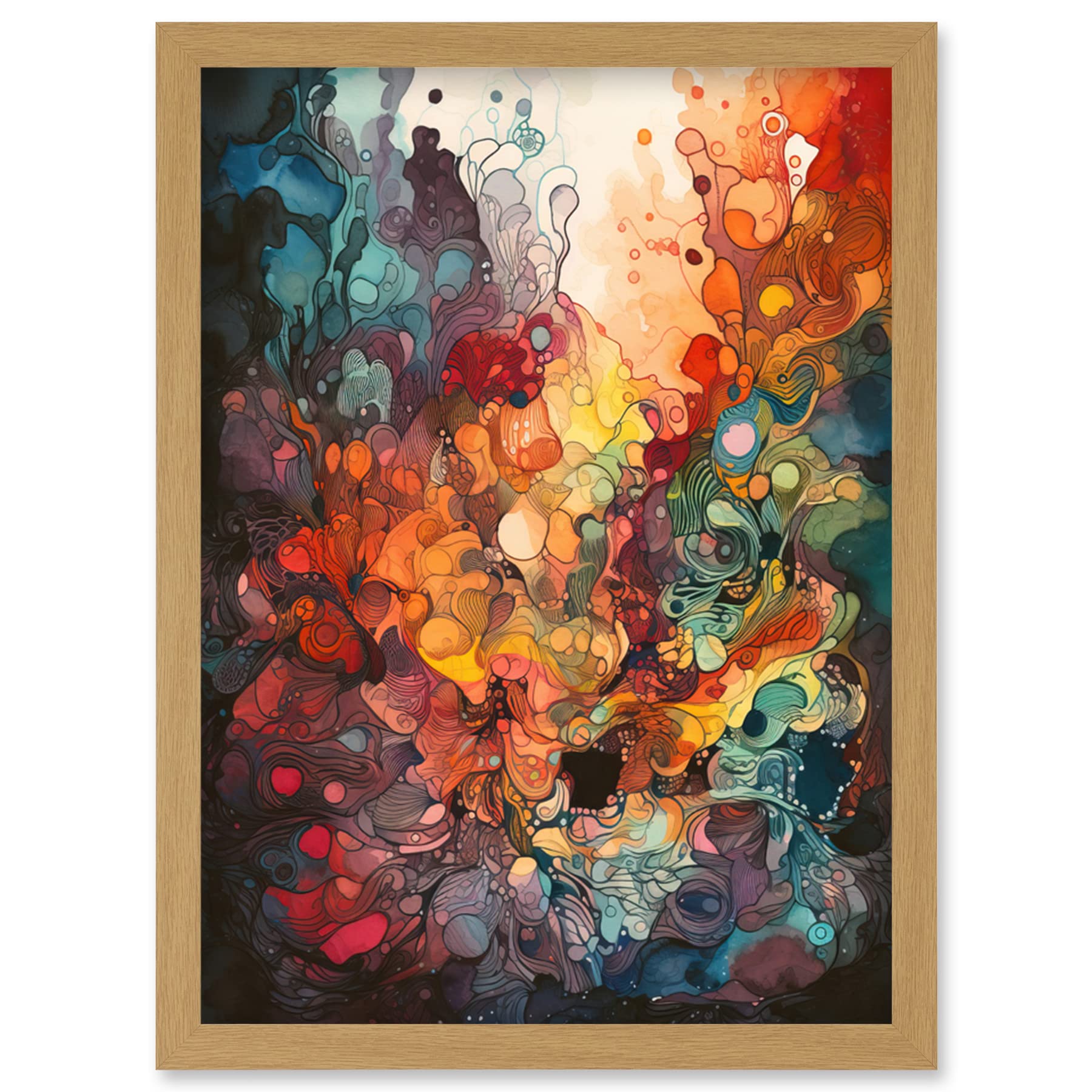 Artery8 Abstract Coral Reef Organic Shapes Modern Rainbow Acrylic Colour Painting Artwork Framed Wall Art Print A4