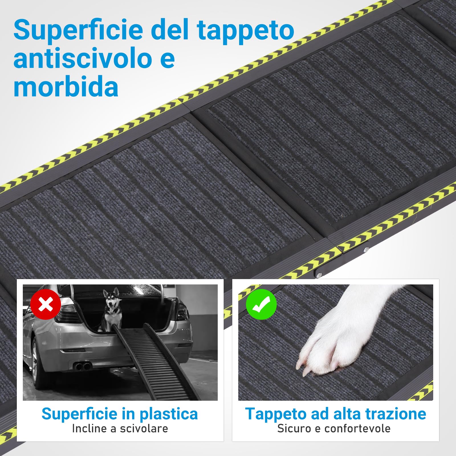 180 x 50cm Rampa per Cani Auto Pieghevole con Strisce Riflettenti, Supporto 70 kg, Leggero e Antiscivolo, Adatto per Camion, Auto, SUV