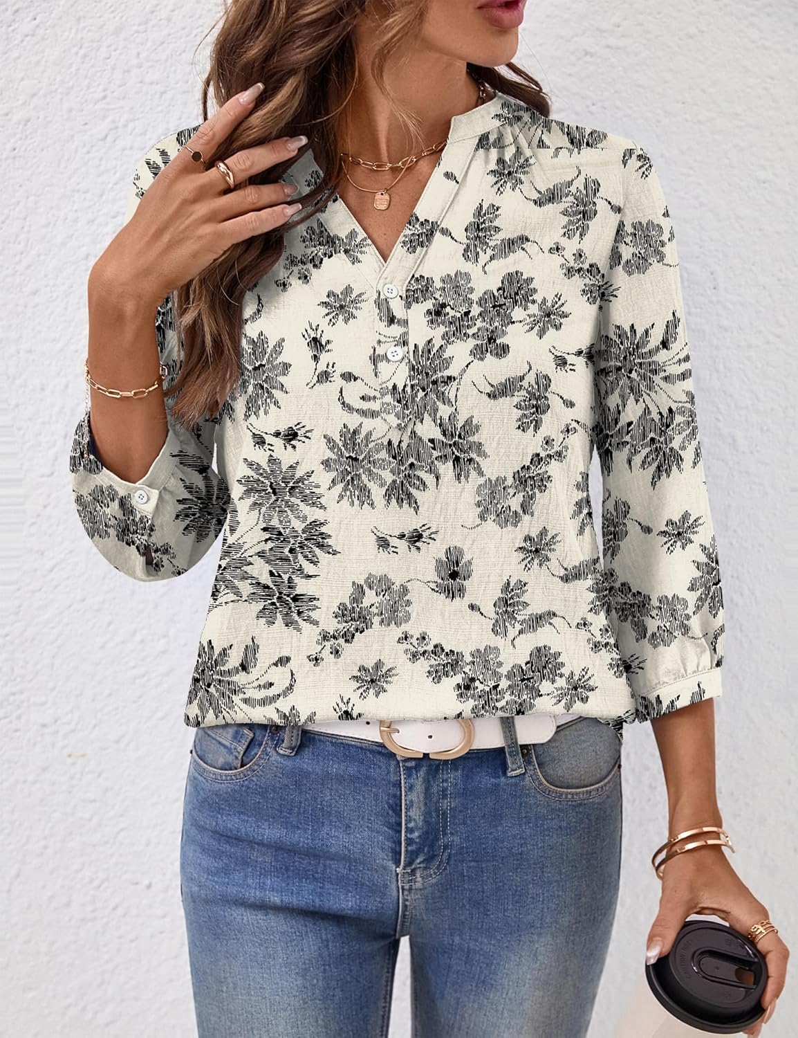 LOMON Womens Tops Dressy 3/4 Length Sleeve Henley V Neck Button Down Shirts Pleated Blouses S-XXL - Image 4