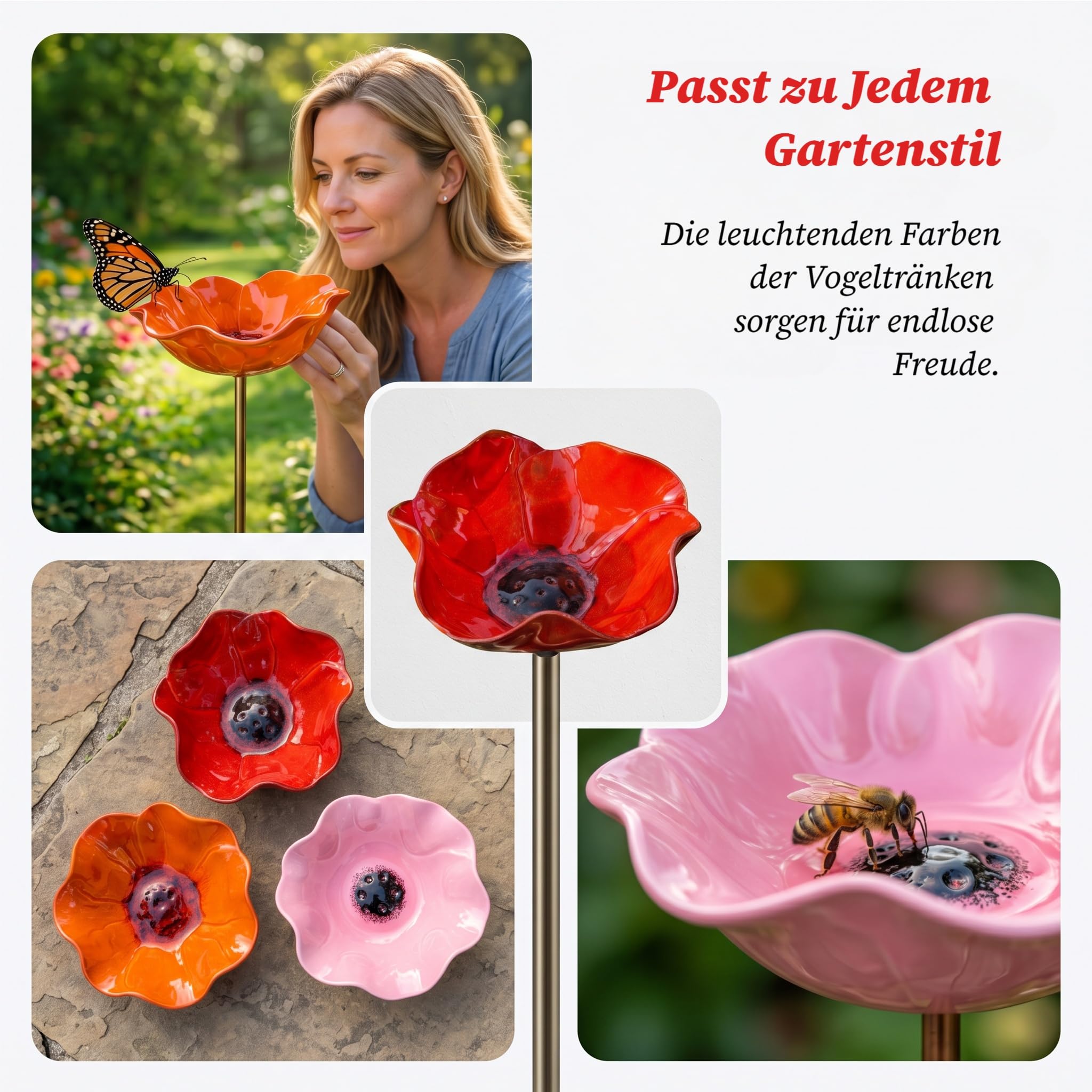 3 Stück Vogeltränke Blume aus Metall, Blumen Gartenstecker Vogeltränke, Handgefertigter Gartenstecke, Insektentränke Gartens, für Garten, Vögel, Bienen, Schmetterlinge (Rot, Gelb, Rosa)