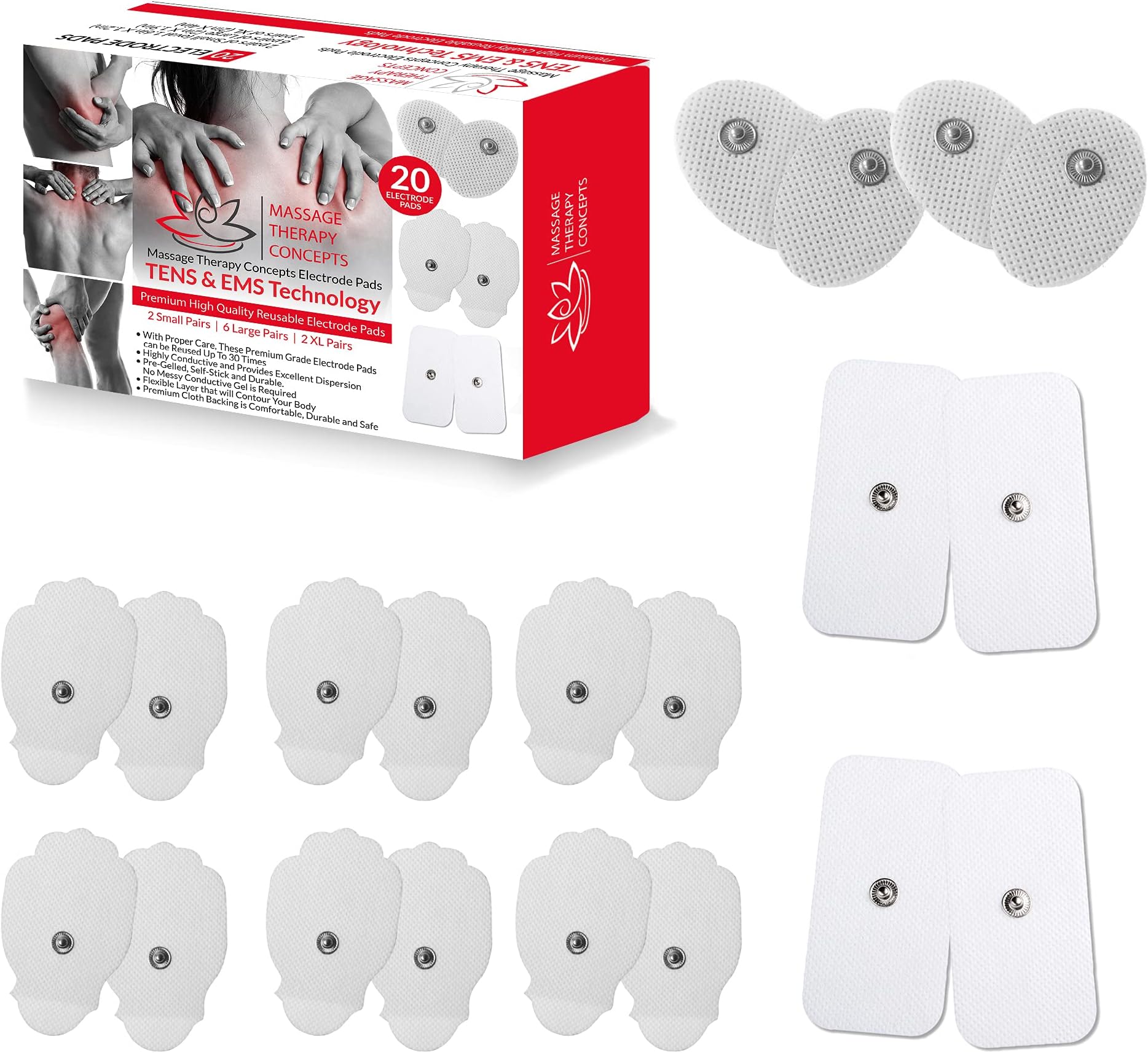 TENS Unit Pads - Premium Quality Snap Replacement Electrodes for TENS and EMS Electrotherapy - Self Adhesive Reusable Patches up to 30 Times (20 Pads) Combo (S, L, XL)