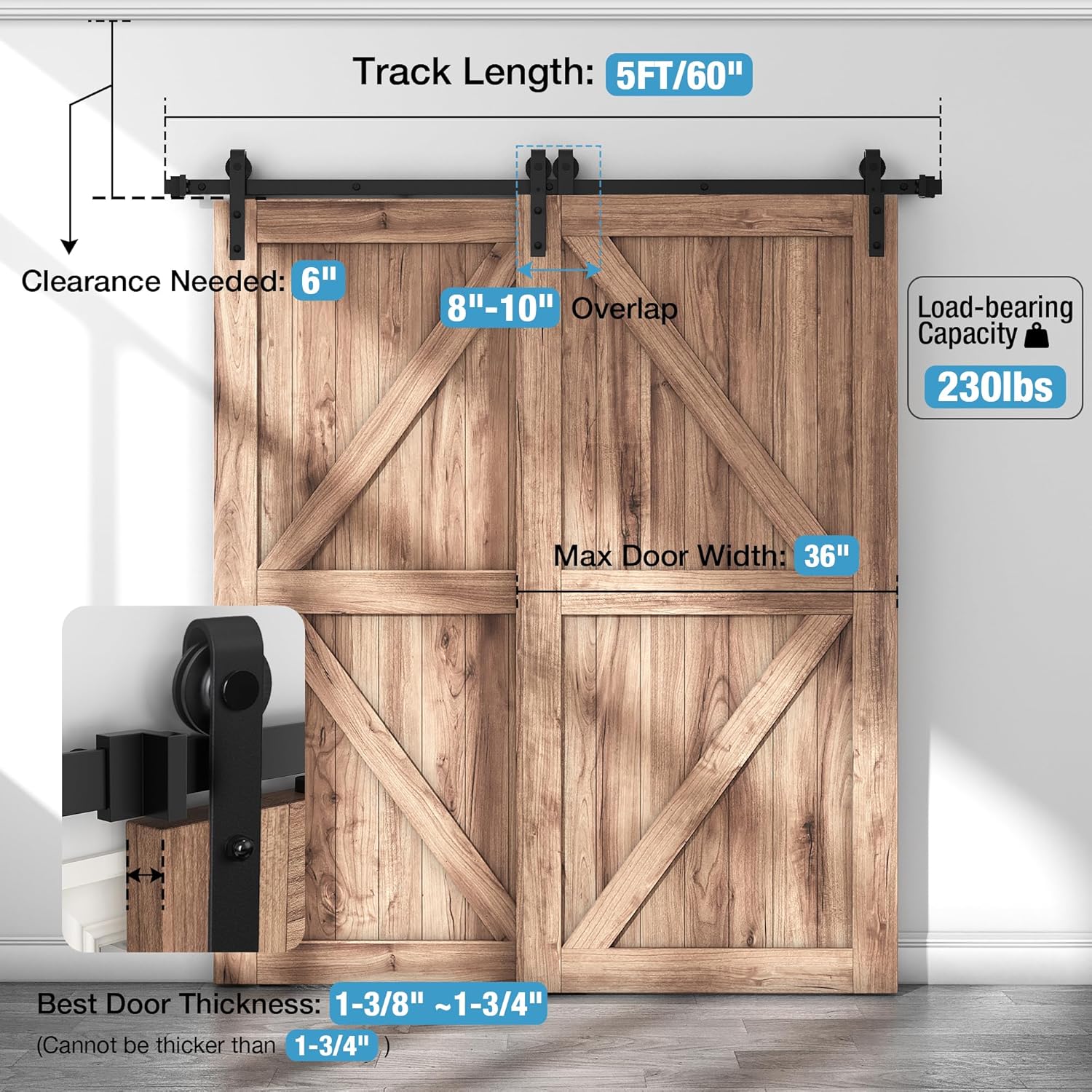 ZEKOO 5 FT Bypass Barn Door Hardware Kit, Single Track, Double Wooden Doors Use, Flat Track Roller, Low Ceiling (5 FT Single Track Bypass)