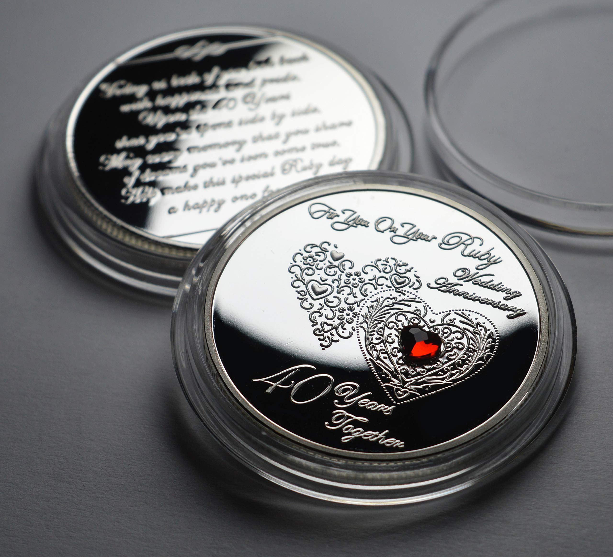 The Commemorative Coin Company 40th RUBY WEDDING ANNIVERSARY Silver Commemorative with Ruby Gemstone. Gift/Present. 40 Years Together. Husband/Wife/Parents
