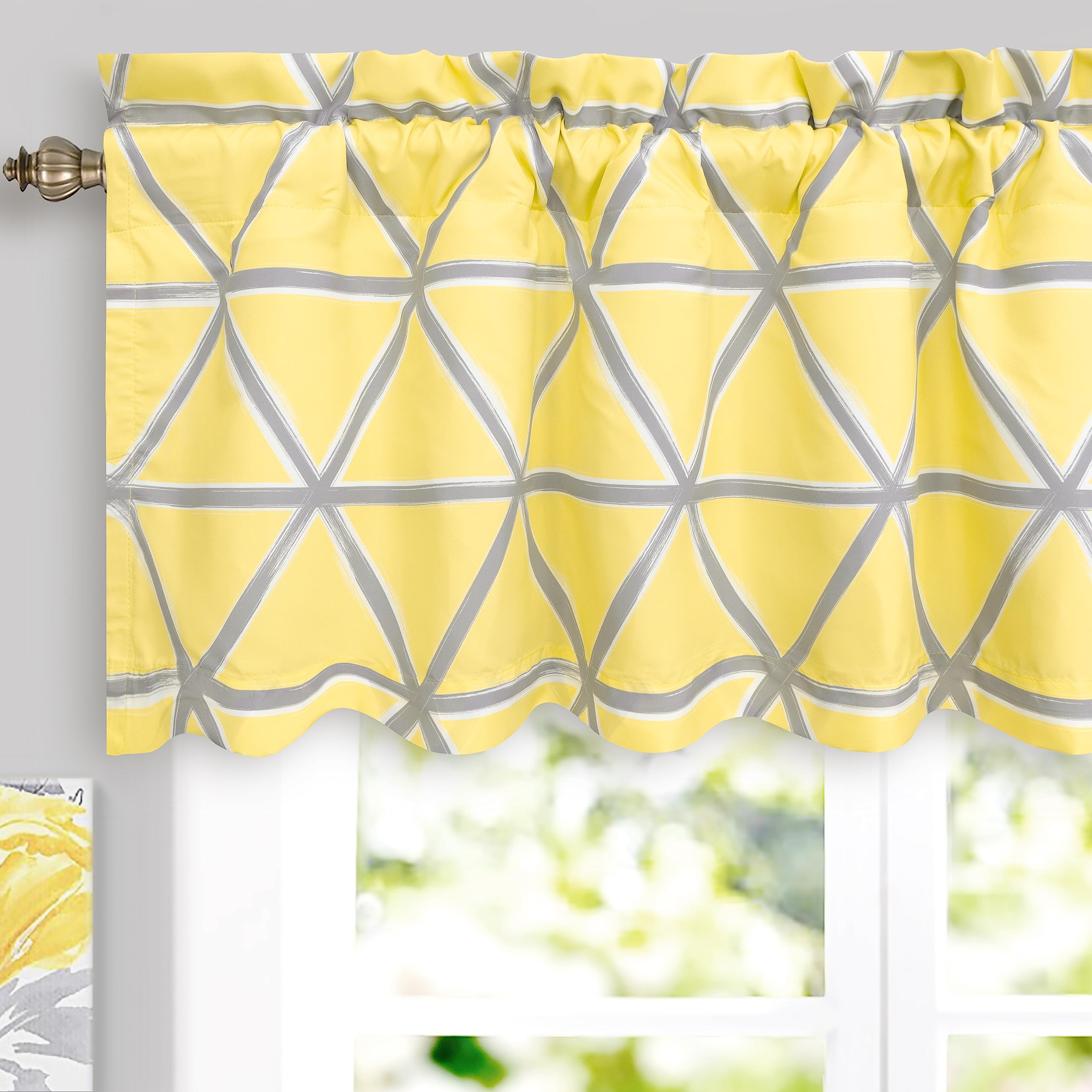 DriftAwayRaymond Geometric Triangle Trellis Pattern Lined Thermal Insulated Window Curtain Valance for Living Room 52 Inch by 18 Inch Plus 2 Inch Header Gray Horizontal Stripe and Yellow