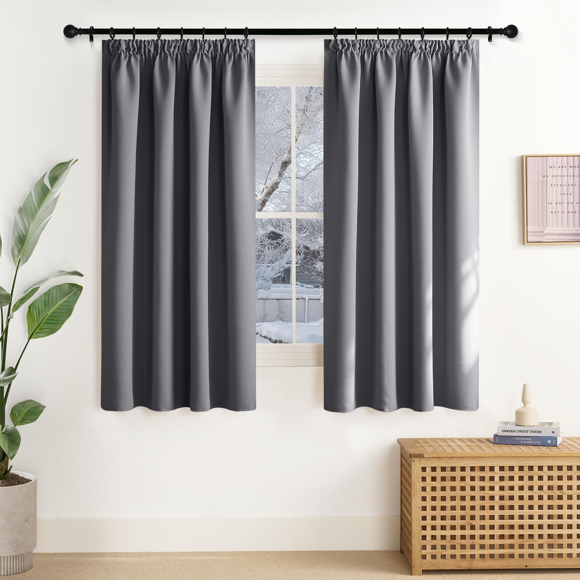 NICETOWN Graue Verdunklungsvorhänge Kurz Fenster Gardienen mit Kräuselband Thermovorhang Blickdicht 2-Set 160 x 140 cm(HxB) Schlafzimmer Thermo Vorhänge für Schienensystem