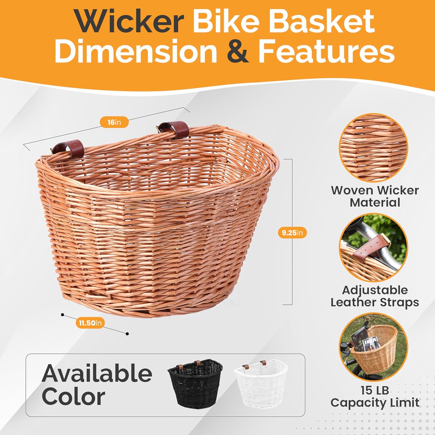 Wicker Front Cargo Bike Basket - Perfect for Riders of All Ages and Genders - for Beach Cruiser, Stationary Bike, E-Bike, or Road Bike with Stylish Faux Leather Straps