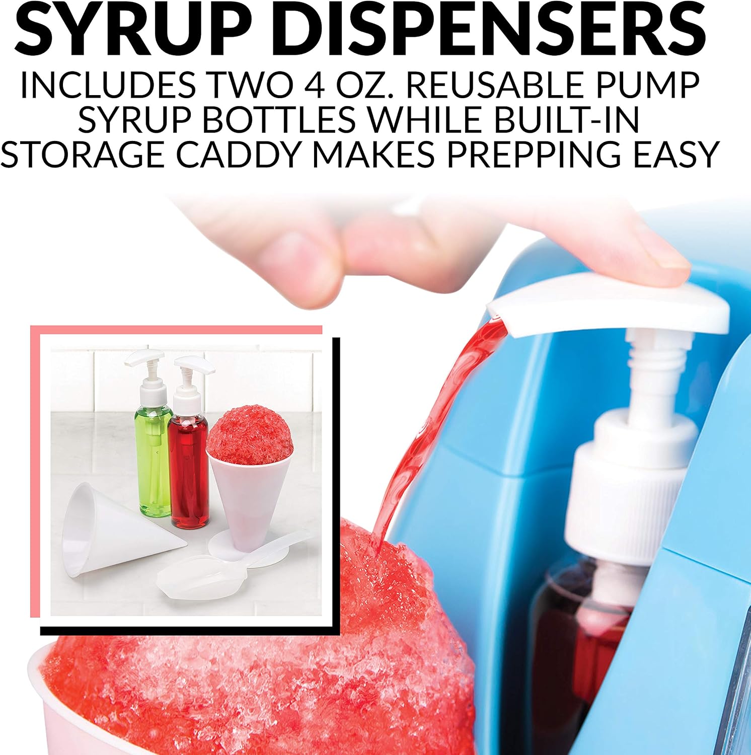 Nostalgia Snow Cone Shaved Ice Machine - Retro Table-Top Slushie Machine Makes 30 Icy Treats - Includes 2 Pump Syrup Bottles, 2 Reusable Plastic Cups & Ice Scoop - Blue