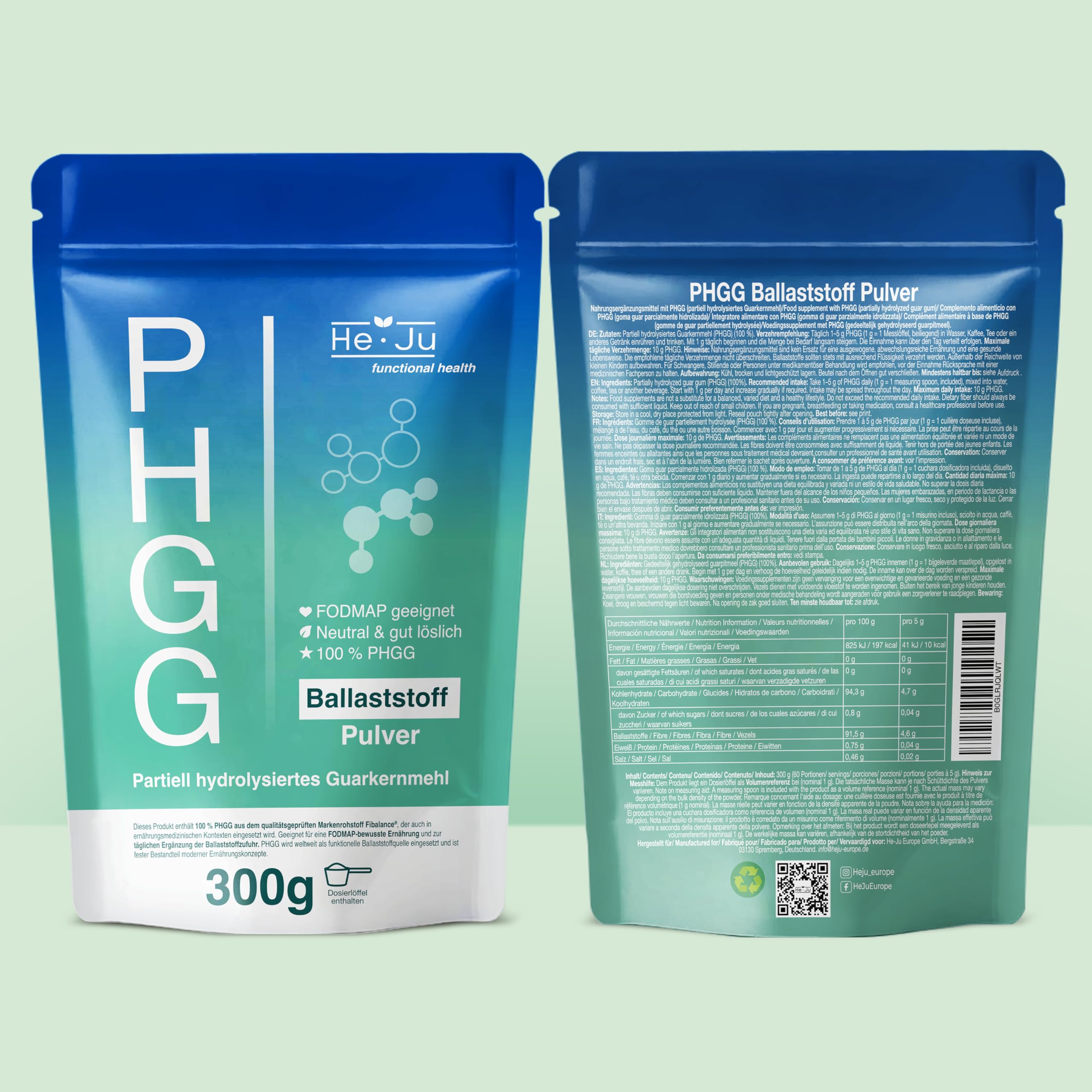 He-Ju PHGG Poudre de fibres (Fibalance®) 300 g, fibres FODMAP 60 portions, 100 % poudre PHGG avec cuillère doseuse de 1 g, neutre et bien soluble, testée en laboratoire