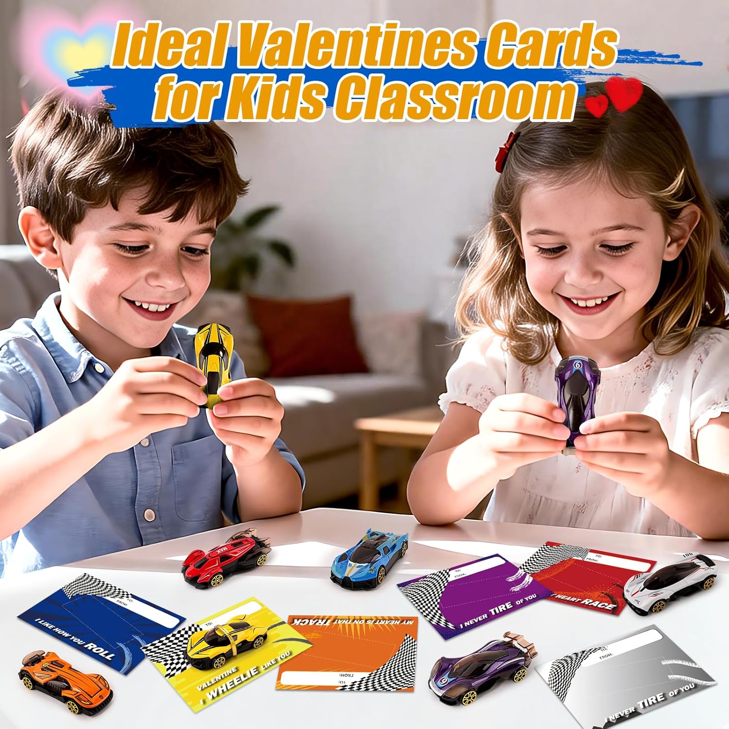 24 Pack Valentines Day Cards for Kids School Classroom, Metal Die-Cast Racing Cars with Valentines Day Cards, Valentines' Day Gifts for Kid, Valentines' Party Favors for Boys Girls