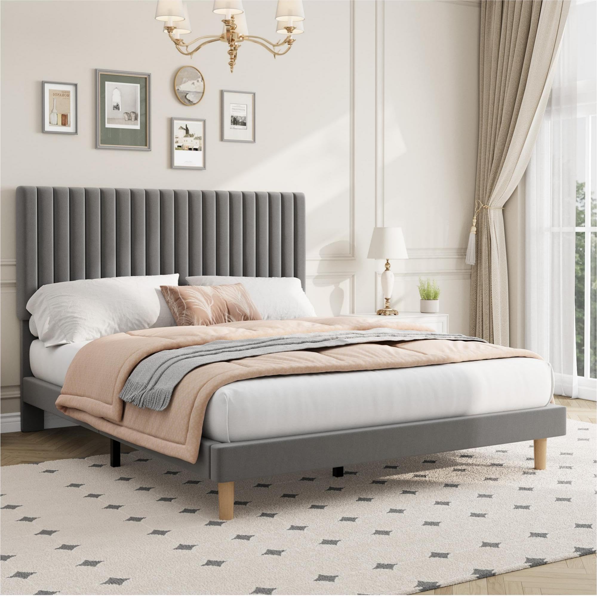 Crevyteg Full Bed Frame with Adjustable Headboard, Velvet Upholstered Platform Double Bed Frame, Strong Wooden Slats, No Box Spring Needed, Easy Assembly, 72.4'' x 53.9'' x 40.9~44.9'', Gray