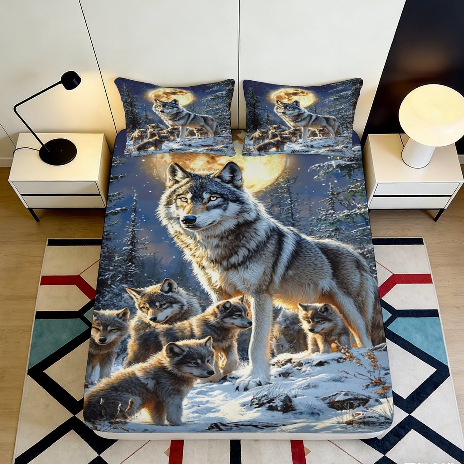 3D Printed Wolf Moon Fitted Sheet Microfiber Soft Breathable Winter Forest Bed Cover for Bedroom Dormitory Guest Room Mattress Protection Decor 120x200x25cm