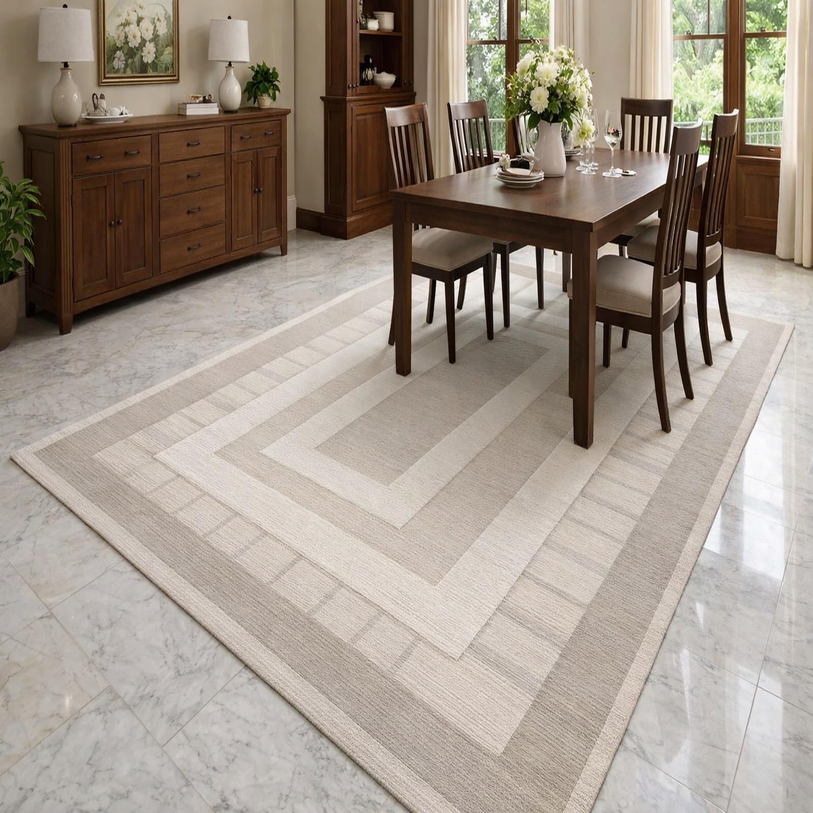 Tapis moderne géométrique beige et gris rectangulaire 70x110 cm lavable en machine pour salon