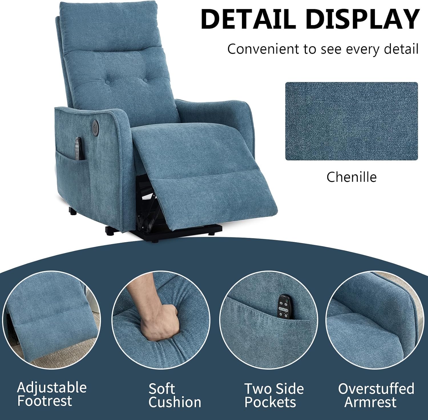 HRVEOCEI Small Power Lift Chair Recliner for Elderly, Petite Power Recliner Chair with Massage and Heat | USB | High Back | Push Button | Side Pockets, Liviing Room, Easy Assembly (Chenille, Blue)
