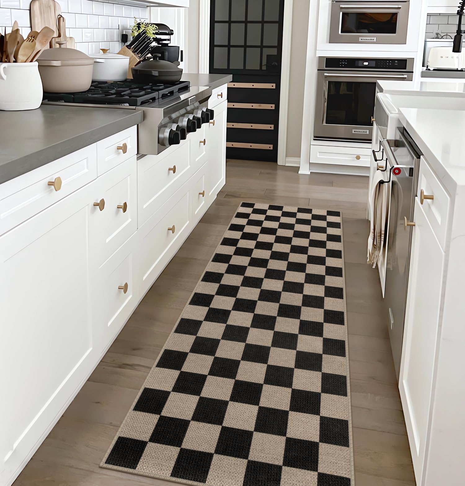 Rugalia Easy Jute Checkered Runner Rug, 2x6 Black Modern Washable Rugs Runner for Hallway Non-Slip Kitchen Runner Rug, Farmhouse Checkerboard Indoor