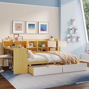 Full Size Day Bed Frame with Built-in Bookshelf and 2 Drawers, Multi-Functional Wooden Daybed with 3 Storage Cabinets and Study Desk, L-Shape Sofa Bed, No Box Spring Required