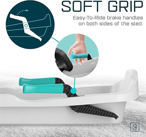 Vista 8 de Trineo de trineo duradero para niños, plástico, ligero, trineos de nieve de invierno con correa de remolque y frenos de dominadas Azul