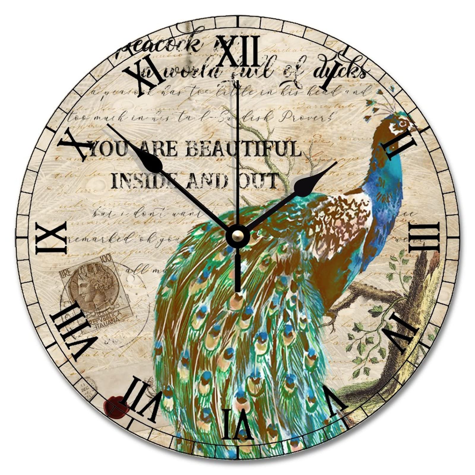 Horloge murale paon rouge et bleu en nuances de rose au fini vintage