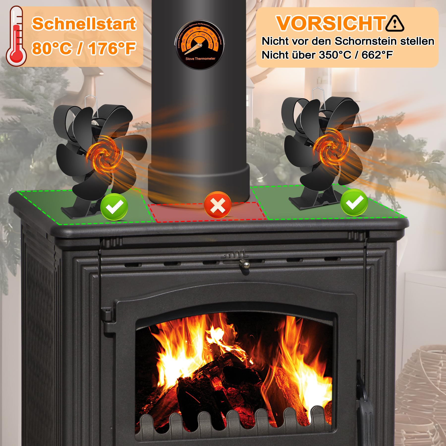 ISOISL Kaminventilator Mit Thermometer - Wärmebetrieben & Stromlos