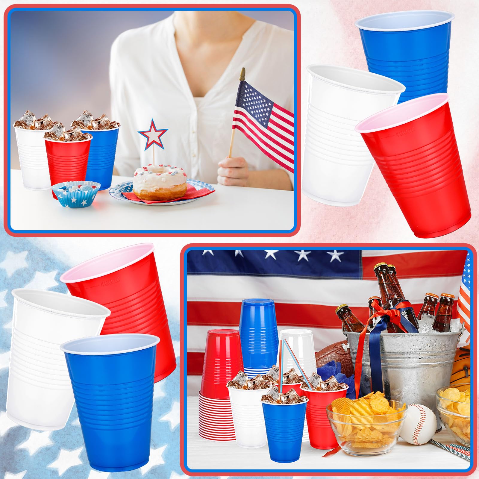JarThenaAMCS Patriotische Kunststoffbecher, 473 ml, rot, blau, weiß, Einweg-Trinkbecher, stapelbar, Partybecher für Unabhängigkeitstag, Partyzubehör, 150 Stück