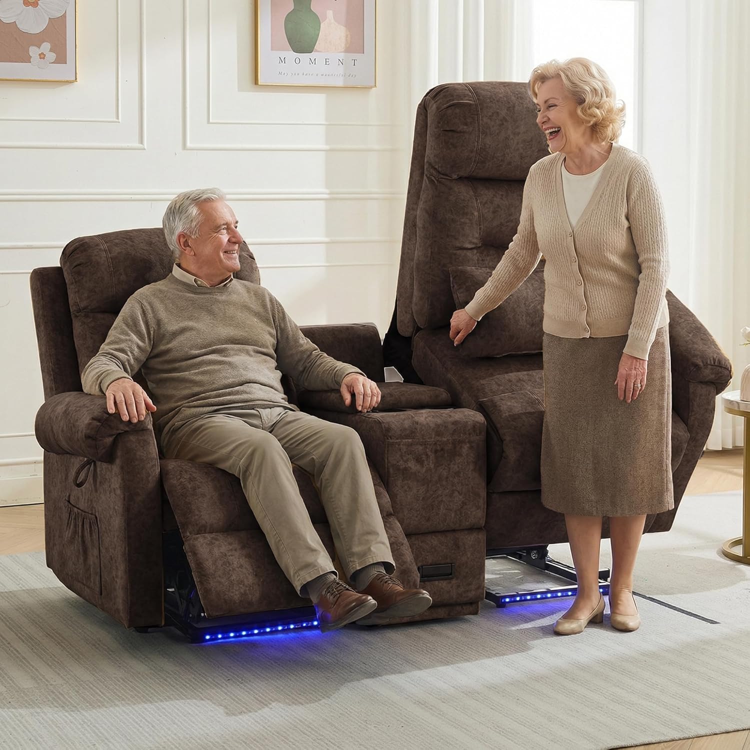 DRMBOOK Power Lift Loveseat Recliner Chair for Elderly, Velvet Fabric Electric Double Lift Chair with Massage and Heat, 2 Person Reclining Sofa with LED, Remote Control, USB & Type C Port (Brown)