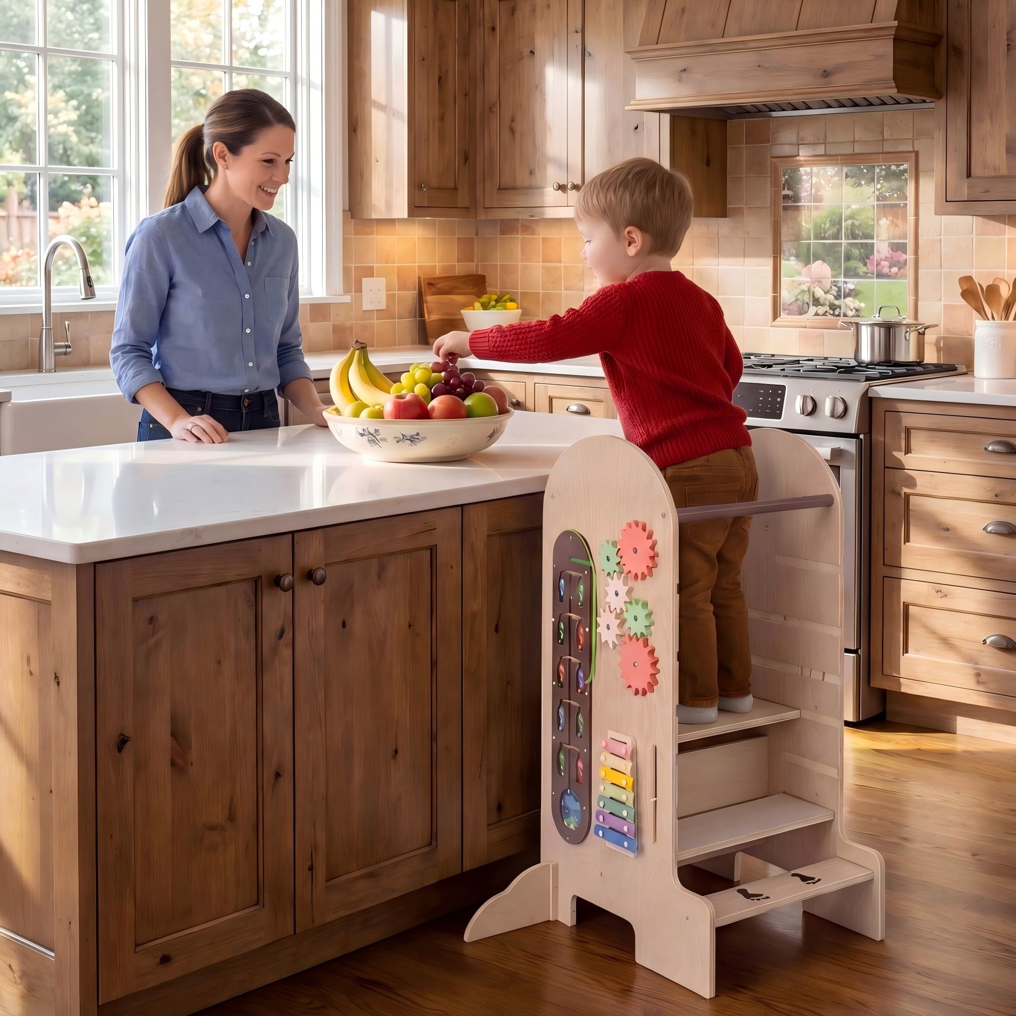 DREAMADE 4 in 1 Lernturm mit Rutsche, Trittleiter mit 3 verstellbaren Höhen | Tritthocker Montessori mit Abnehmbarer Tafel & Spielbrett, Learning Tower aus Buchenholz, Trittschemel für Kinder ab 3 Jahr