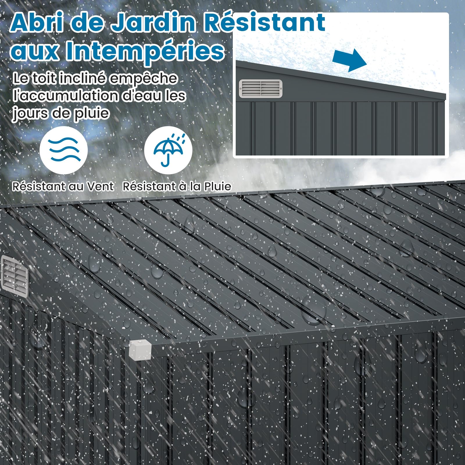 COSTWAY Abri de Jardin en Métal 2,6㎡, Cabane Jardin Exterieur en Acier Galvanisé 5,7 m³ avec Loquet, Porte avec serrure et clé, Toit en Pente, 4 Gants, 2 Trous d’Aérations, Abri Exterieur (Gris foncé)