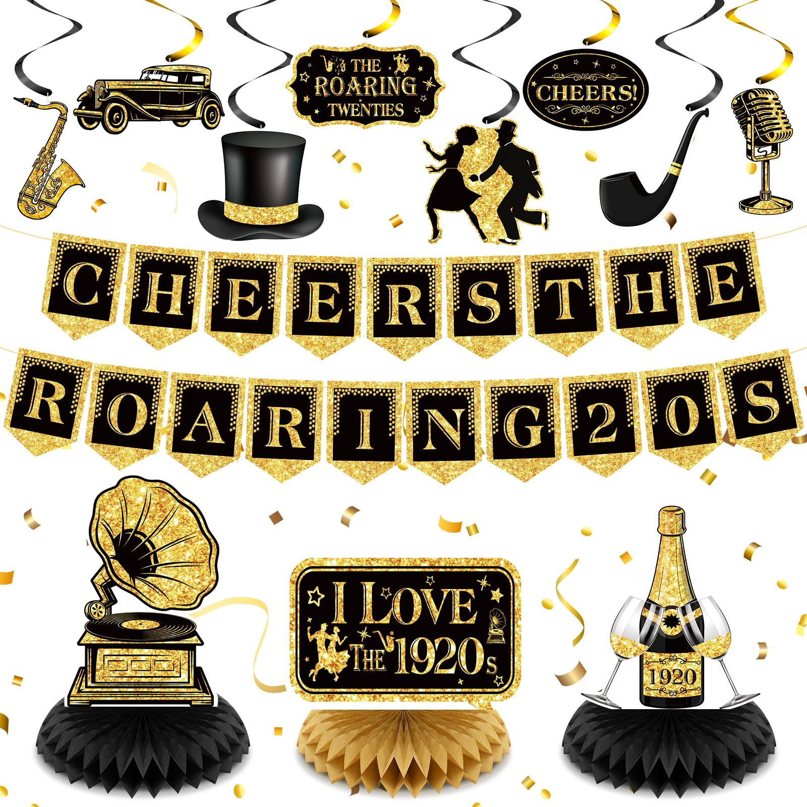 RUMIA Roaring 20s Party Decorations Black and Gold Birthday Cheer to Roaring 20s Banner Honeycomb Centerpiece Hanging Swirls Kit for Birthday 1920s