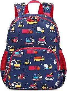 Ryushoyo Toddler Kids Backpack Boy Truck Excavator Crane Preschool Cute Backpack Child Daycare School Bag Nursery with Chest Strap Red Dark Blue