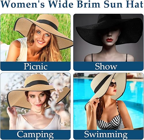 Miniatura 3 de Sombrero de paja para mujer, 6 unidades, para verano, con protección UV, ala ancha, para jardín, grande, cubierta de playa, plegable, enrollable,