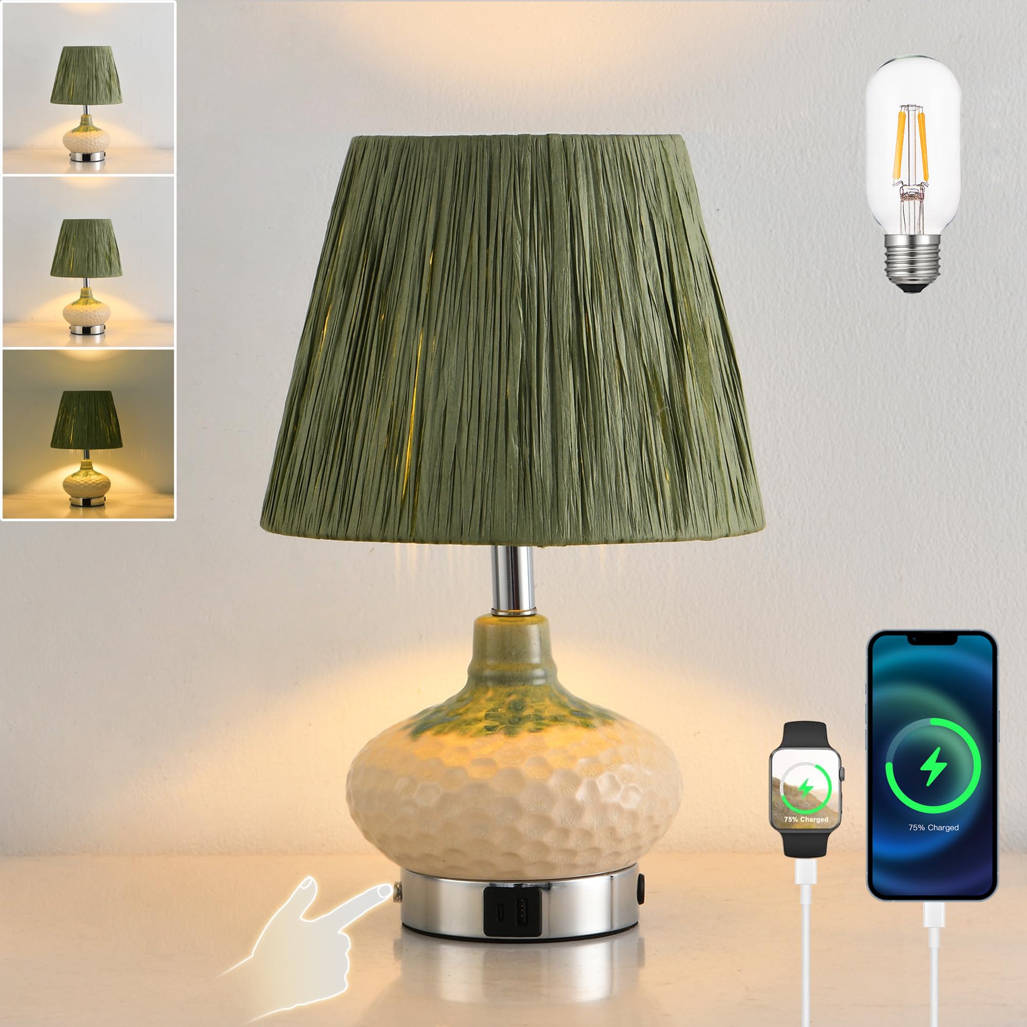 Kabellose Keramik Tischlampe mit Touch Dimmbar, E27 Batteriebetriebe Tischleuchte mit Ladefunktion USB A+C Anschlüssen Grün Lampeschirm Tragbare Nachttischlampe für Schlafzimmer Wohnzimmer