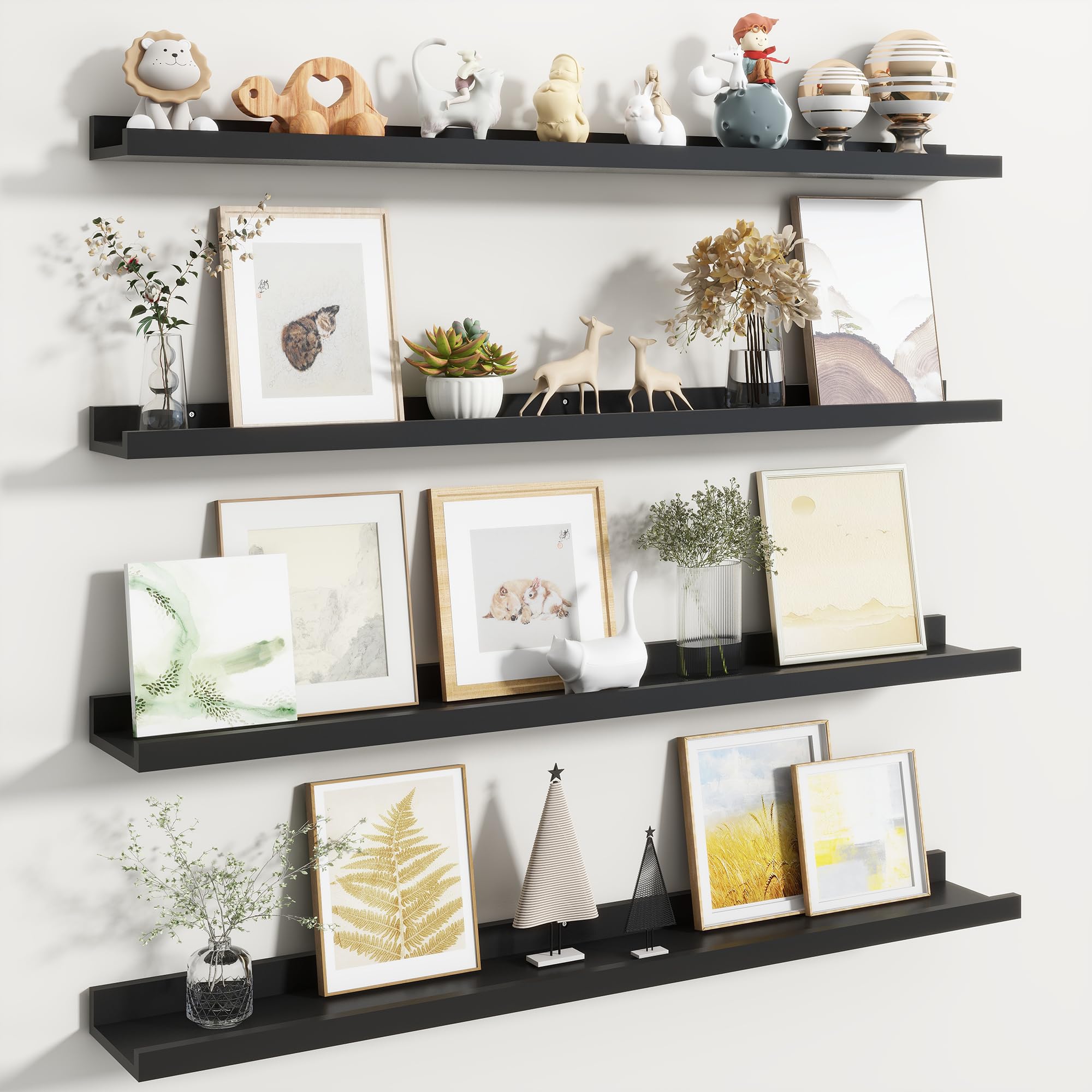 Fun Memories Picture Ledge Shelf, Black Floating Shelves Set of 4, 40 Inch Picture Shelves for Wall with Ledge, Large Nursery Book Shelf for Toys Storage, Living Room, Bedroom Decor Frames