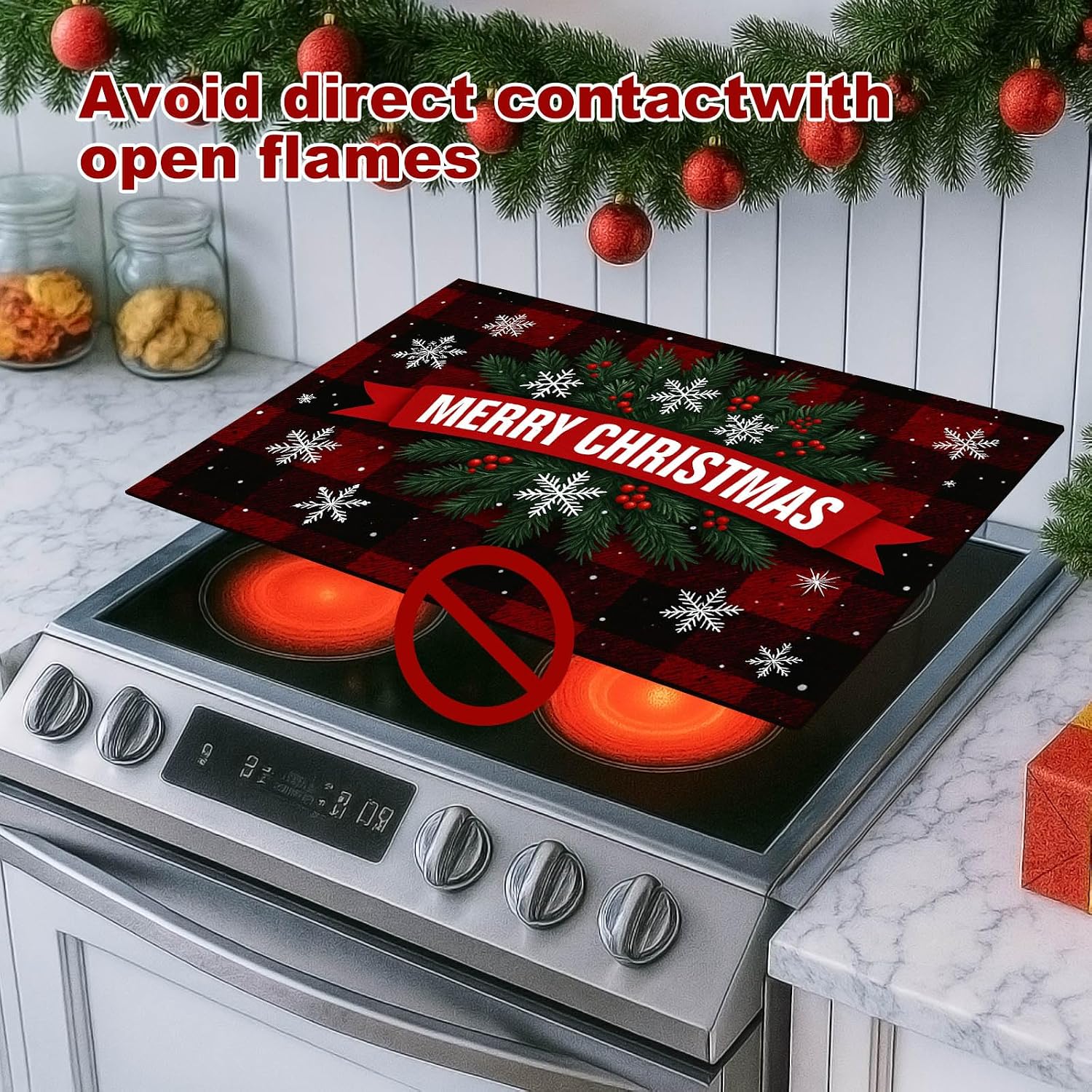 HOMETITUTE Christmas Stove Top Cover 28x20 Buffalo Plaid Snowflake Heat Resistant
