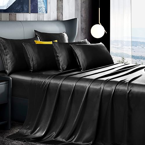 Manyshofu Juego de sábanas de satén negro de 7 piezas, tamaño King, juego de sábanas de satén sedoso lujoso y suave, 1 sábana bajera de satén, 1