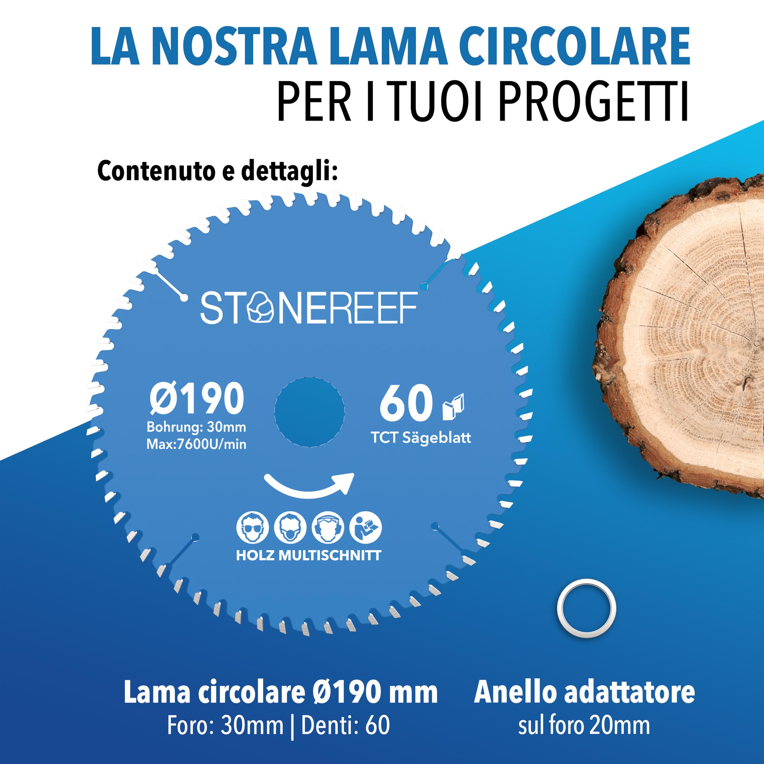 Lama per sega circolare 190 x 30 cm, con adattatore per foro da 20 e 16 mm, compatibile con smerigliatrice angolare di Bosch, Makita ecc. – Lama per sega circolare – per legno