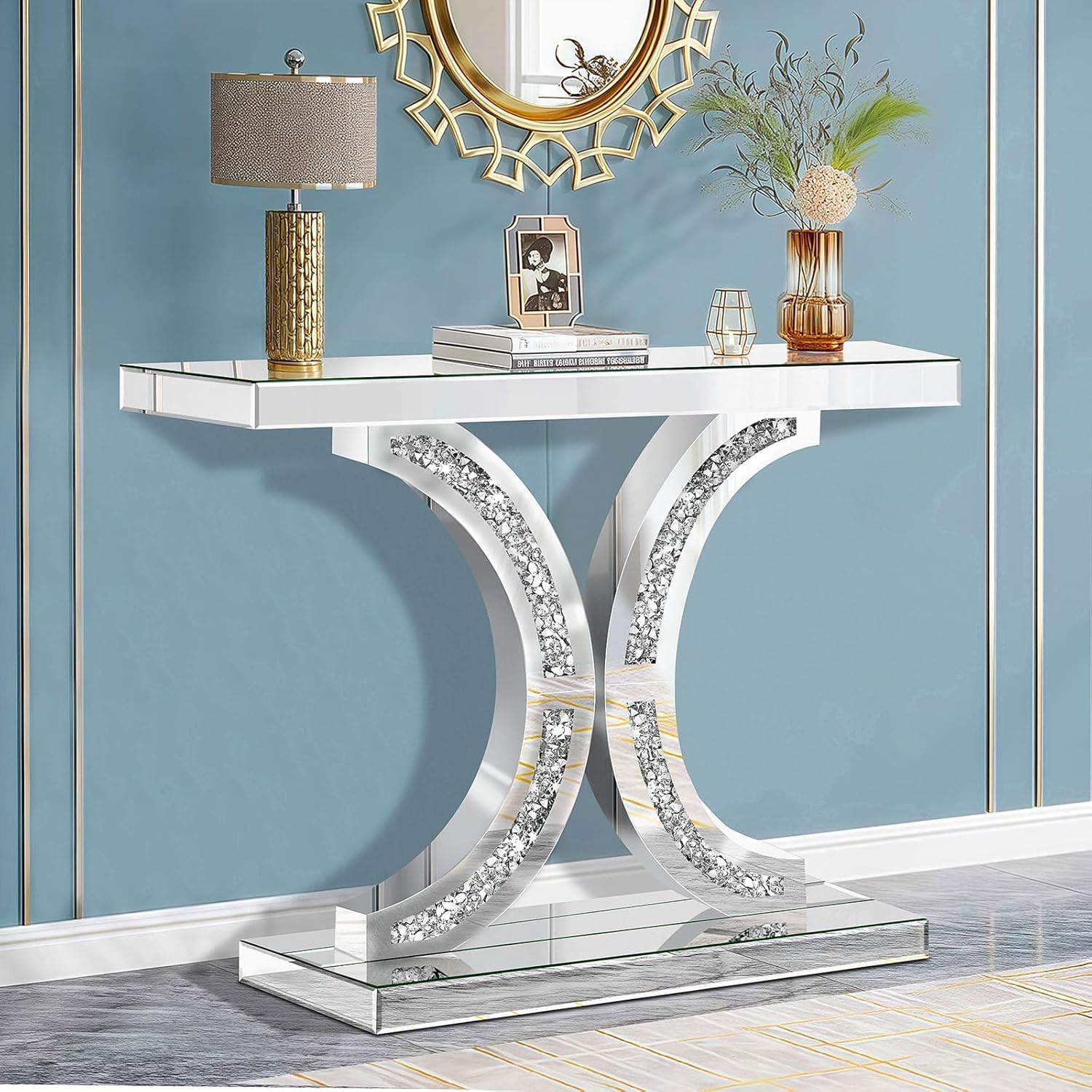 Consola de espejo plateada con incrustaciones de diamantes, mesa de cristal de 100 cm, marco en forma de C, mesa moderna para salón, pasillo, vestíbulo