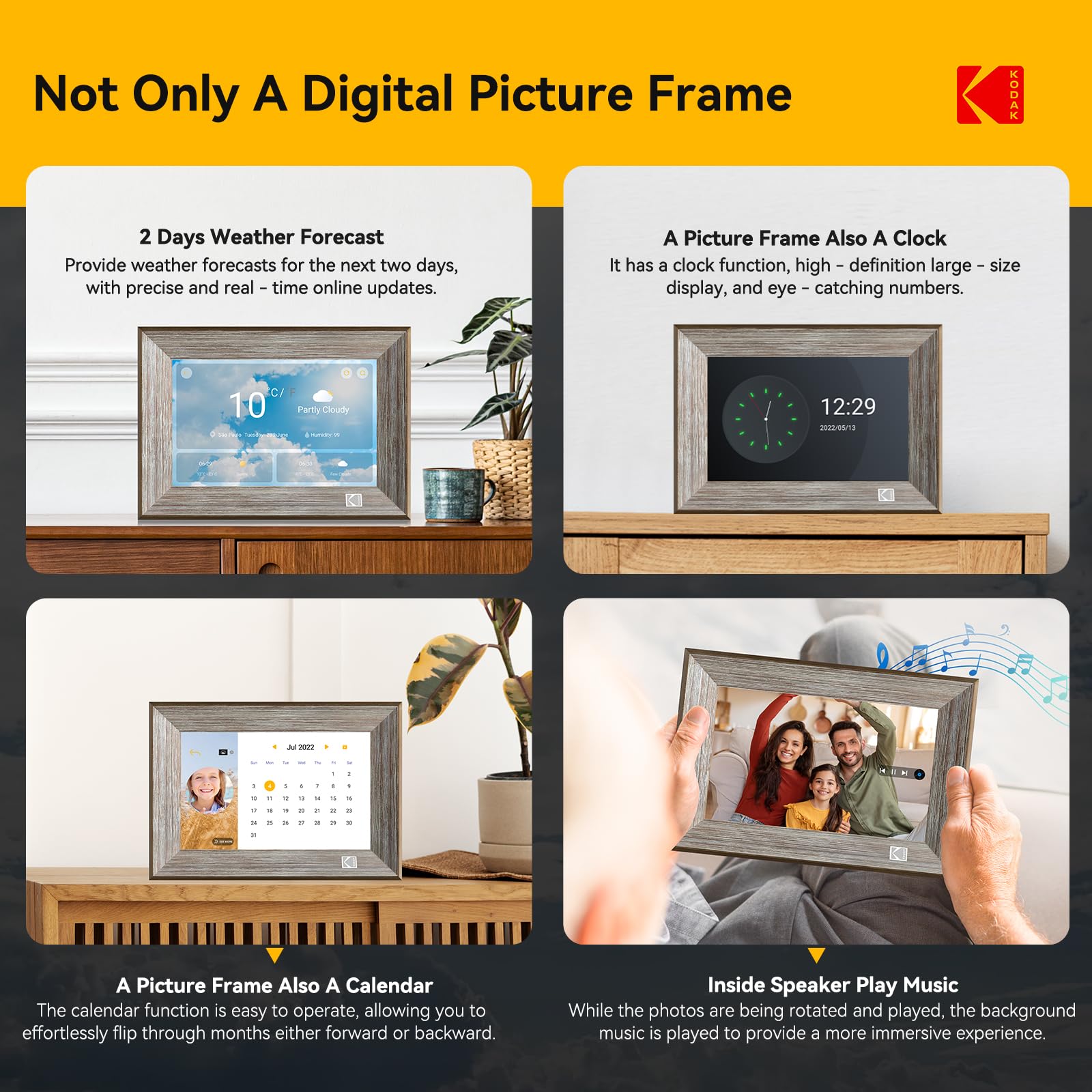 KODAK Wooden WiFi Digital Picture Frame, 32G 10.1 Inch Digital Photo Frame 1280x800 HD IPS Touch Screen, Auto-Rotate, Share Photos and Videos via KODAK App, for Friends and Family