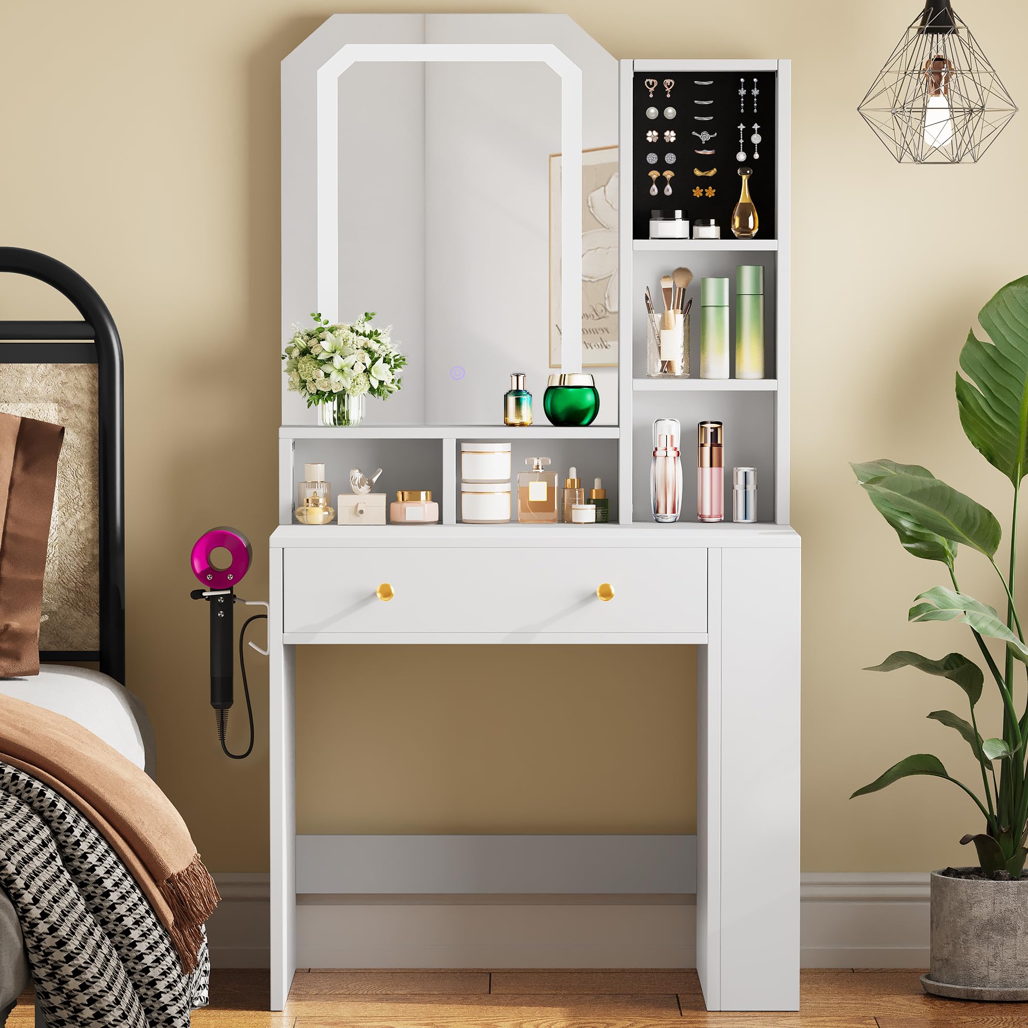 KIMENICH Coiffeuse Avec Miroir LED - Table De Maquillage 80x40x132 Cm Blanc Avec Tiroirs Et Luminosité Réglable Coiffeuse Miroir Led Kimenich