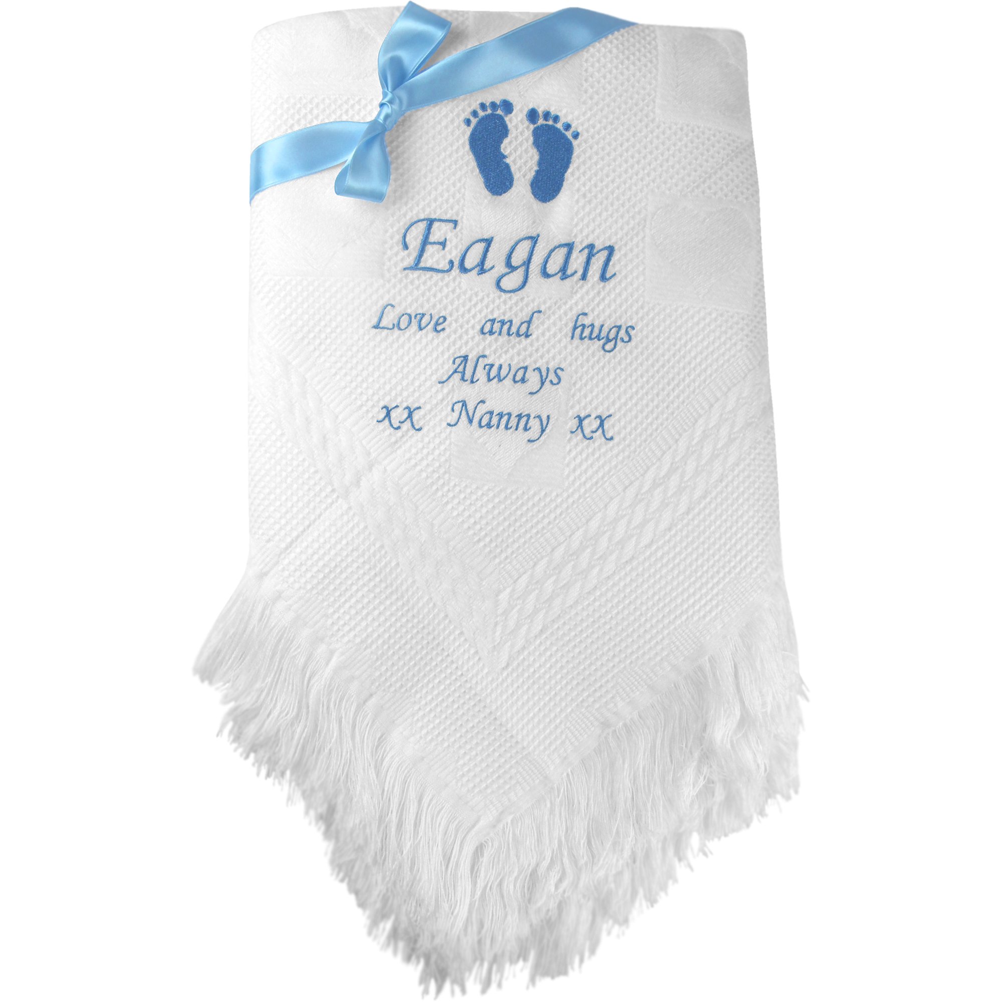 Teddyt's Blue Embroidery Personalised Gift Message White Baby Shawl Blanket (Blue Embroidery)