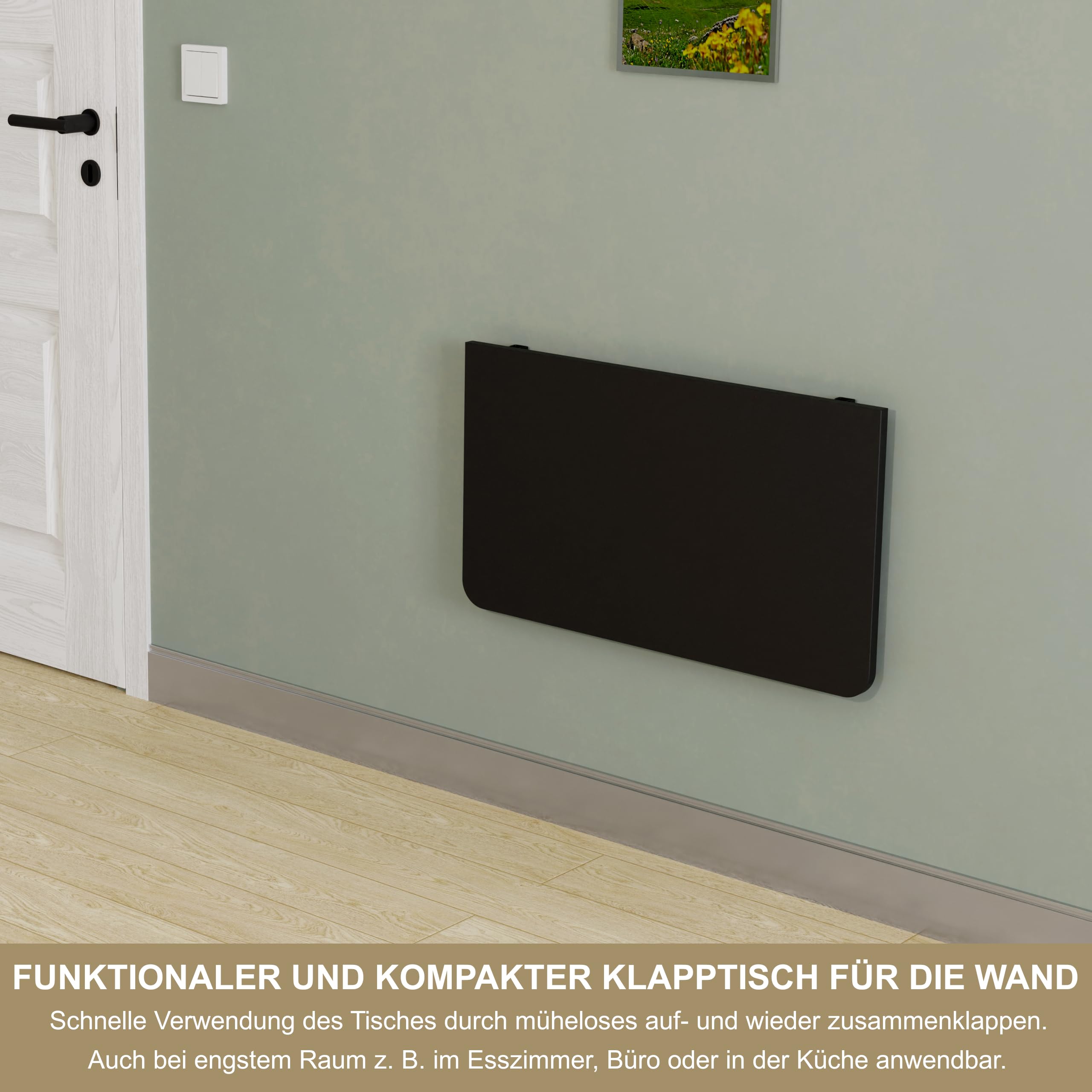 KDR Wandklapptisch 70x40 cm Schwarz mit abgerundeten Ecken – Klappbarer Tisch zur Wandmontage – als Esstisch, Schreibtisch, Küchentisch oder Arbeitsplatz – Platzsparend & vielseitig einsetzbar