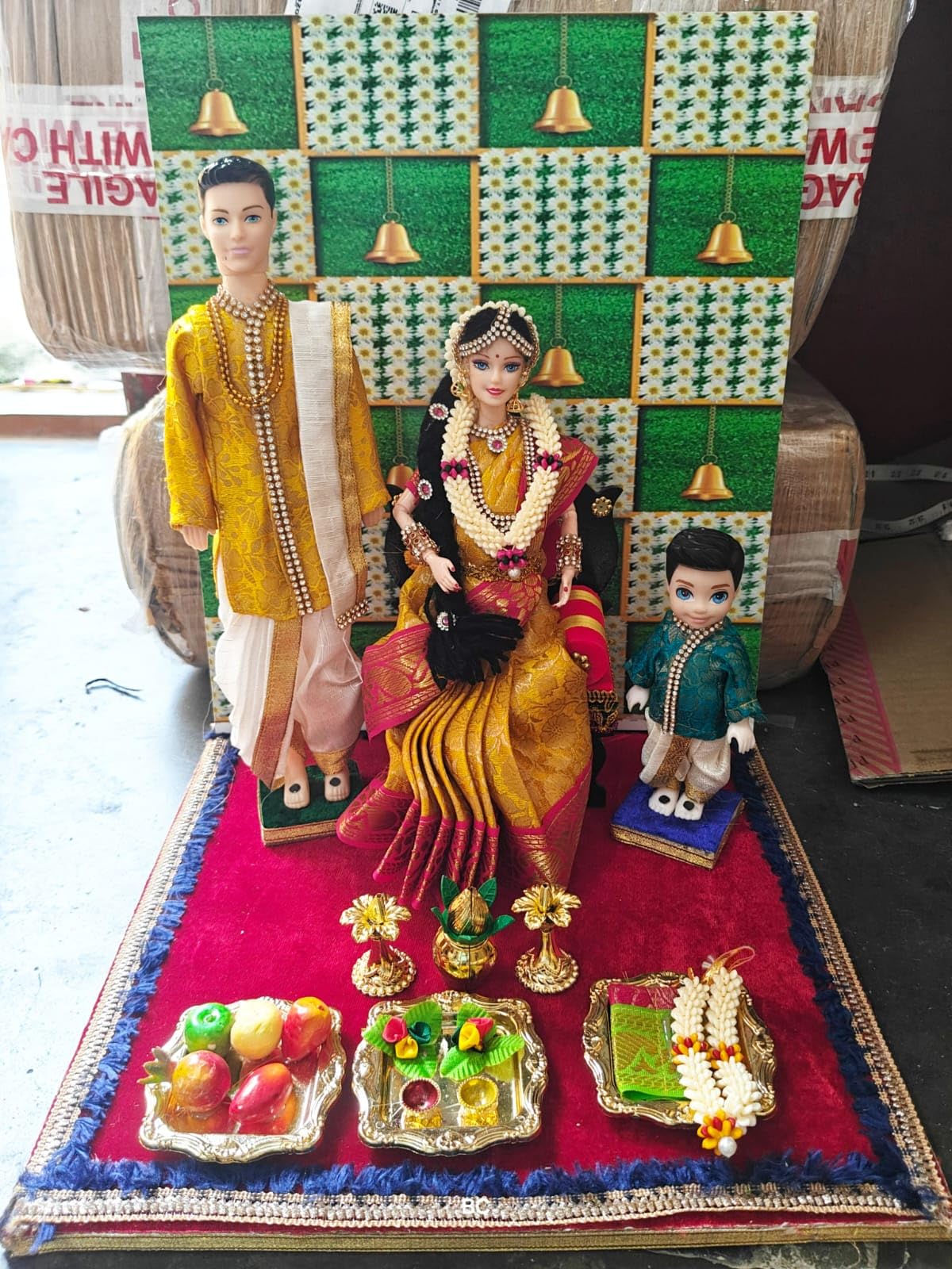 Traditional Indian Seemantham Baby Shower Dolls Set | Customized Display Boy Doll with Backdrop & Accessories | South Indian Ceremony Decoration (Pack of 50 Pieces, Yellow-Red)-image-29