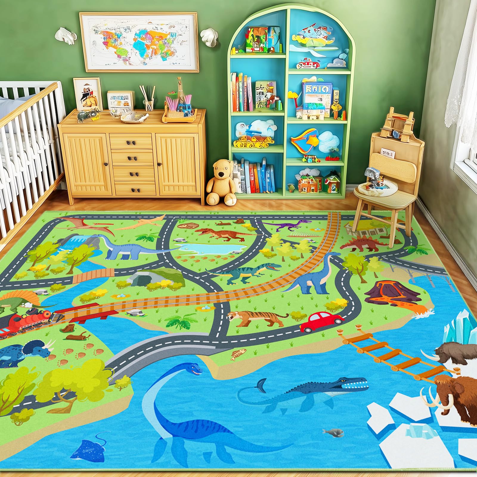 Rezutan Kids Rug Dinosaur Playmat for Floor Non-Slip & Foldable Area Rug for Children Dino Road Mat for Toy Cars Washable Kid Play Mat for Bedroom, Playroom, Nursery, 200x300CM