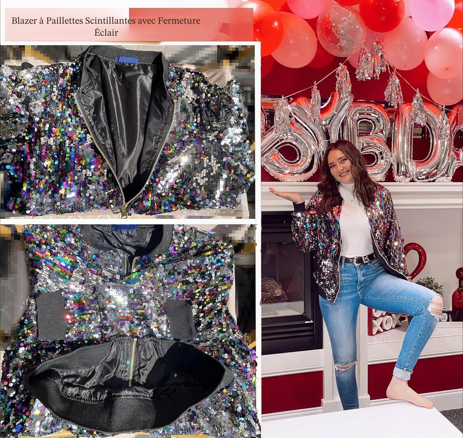 Blouson aviateur à paillettes colorées pour femme – Blazer à paillettes brillantes à paillettes avec fermeture éclair à l'avant – Manteau tendance pour concert, fête, Noël, danse, multicolore