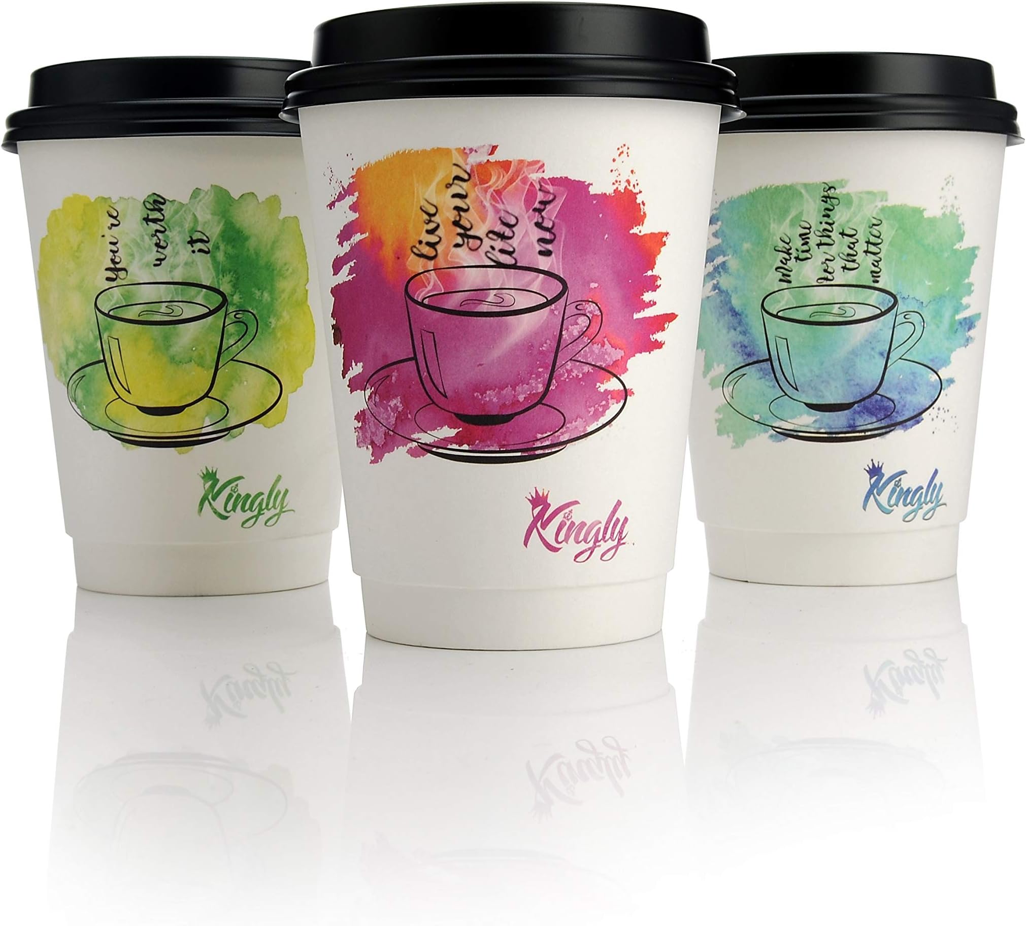 Coffee Cups With Lids, 12 OZ Paper cups, Disposable Hot Cups, They also Comes as a Variety Pack, Double Wall No Sleeves Needed, Take Your Coffee Cups To Go (50) Count - By Kingly