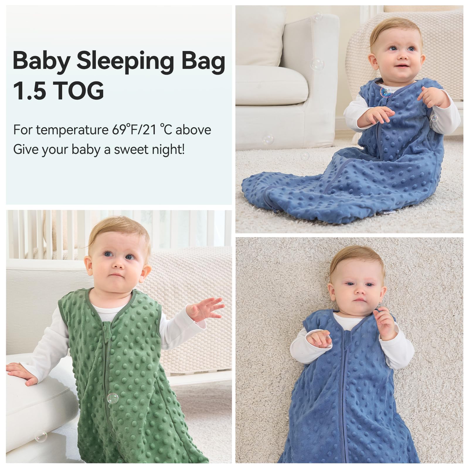 Unnivoll Baby Sleeping Bag 1.5 Tog with Plush Dots Sleep Bag 2 Pack Baby Sleep Sack Wearable Blanket for Newborn Infant 6-12 Months Blue&Green — view 7