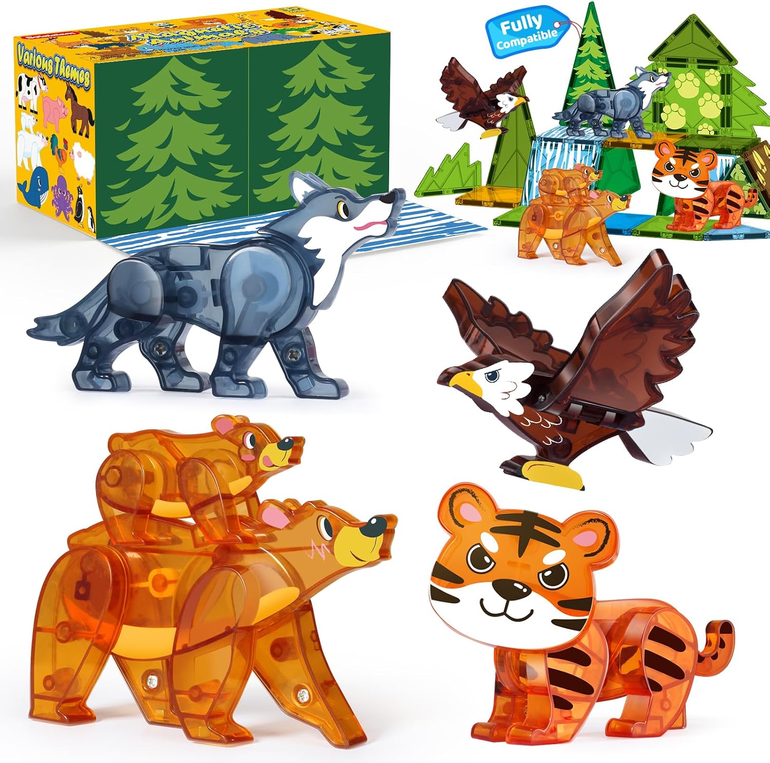 3D Forest Magnet Animals Magnetic Tiles Set, 5Pcs Animal Figures for Magnetic Blocks Jungle & Mountain Theme Scene Building, Preschool STEM Educational Learning Toys for Kids Age 3-8