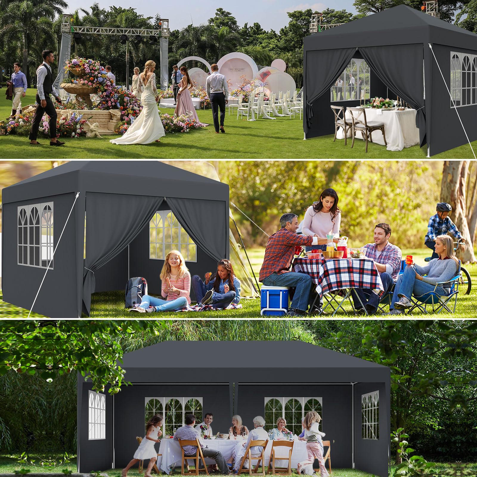 Kuro sagol Tonnelle de Jardin 3x3M,Tente Réception,Tente de Campingavec Fenêtres、Parois Latérales，Imperméable,Anti UV，Résistant au Vent Auvent,Barnum pour Camping Festival Plage,Anthracite
