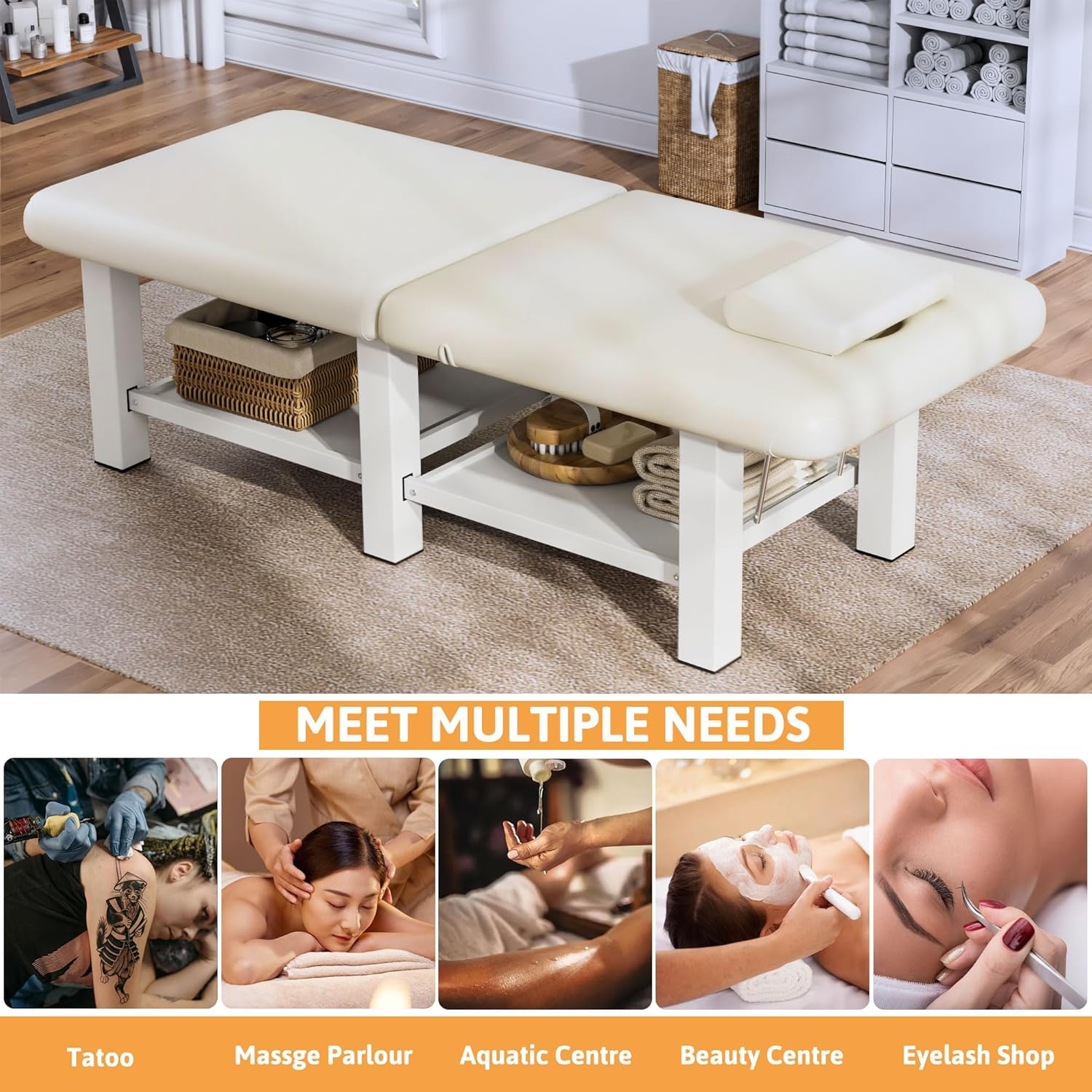 Olela 30.5'' Wide Folding Massage Table, Heavy Duty Stationary Massage Table, Physical Therapy Table with Adjustable Backrest & Storage, Professional Treatment Table for Spa, Tattoo, Chiropractic