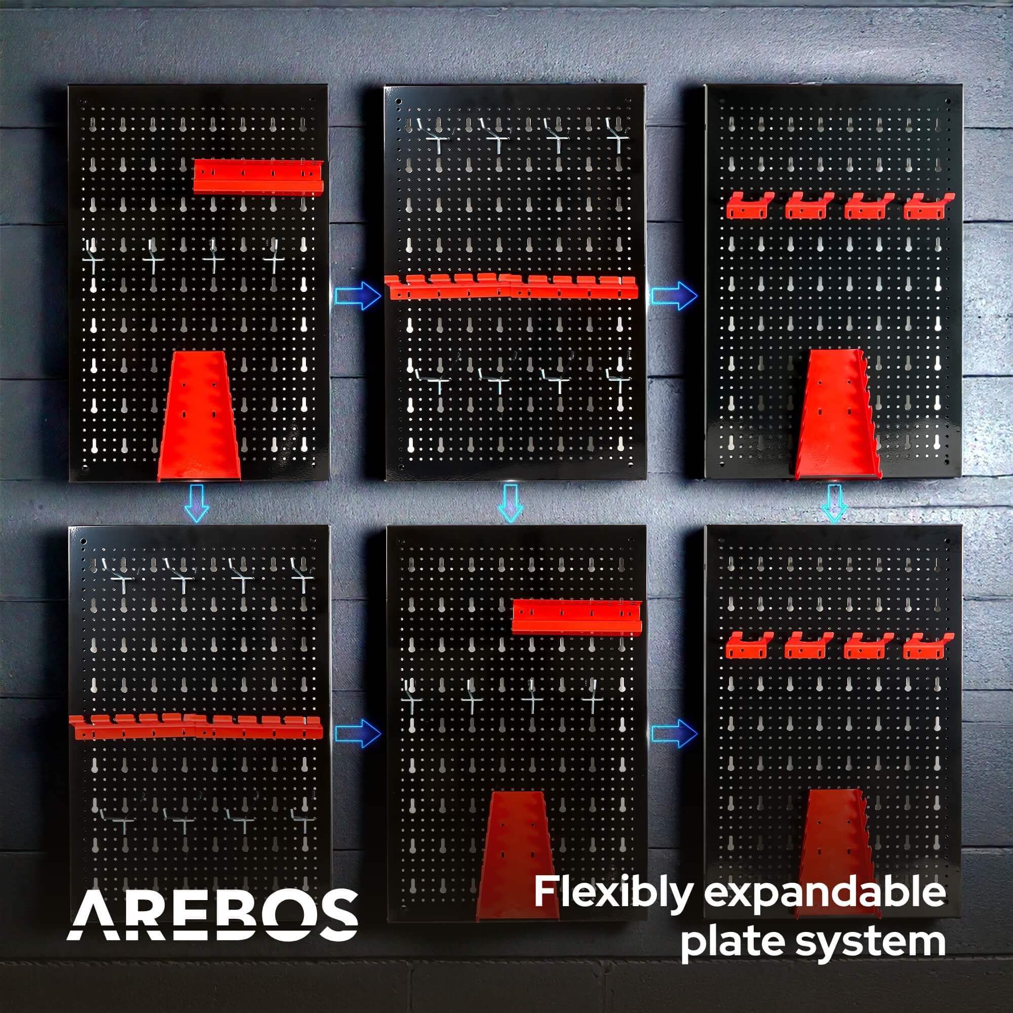 Arebos Panel Portaherramientas de Pared 6 Piezas | Kit con 34 Ganchos | 235,2x59,5 cm | Panel Perforado Metálico para Taller | Soportes para Herramientas | Incluye Material de Montaje | Rojo
